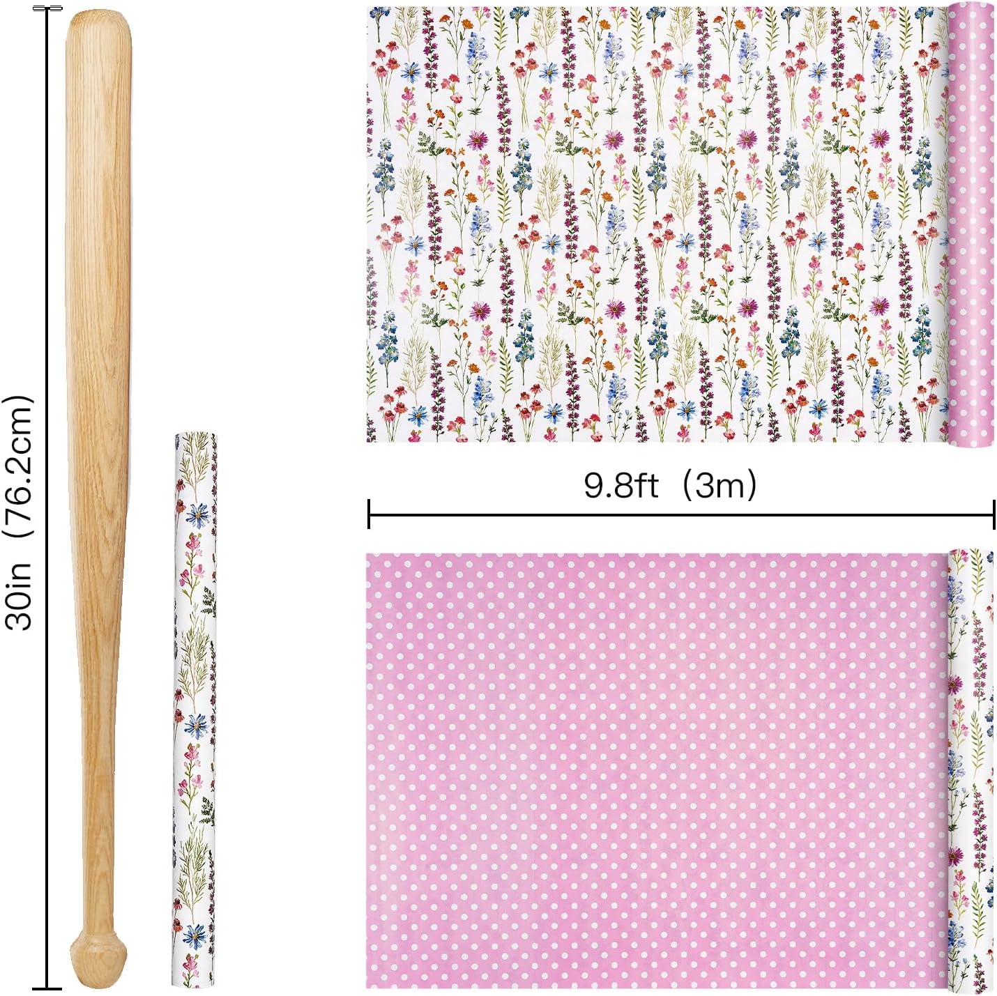 RUSPEPA Reversible Floral Wrapping Paper Roll, Mini Roll, Watercolor Wildflower & Pink Polka Dot Design Gift Wrap for Women, Girls, Birthday, Wedding, Bridal Shower, Mothers day, 17 Inches x 9.8 Feet
