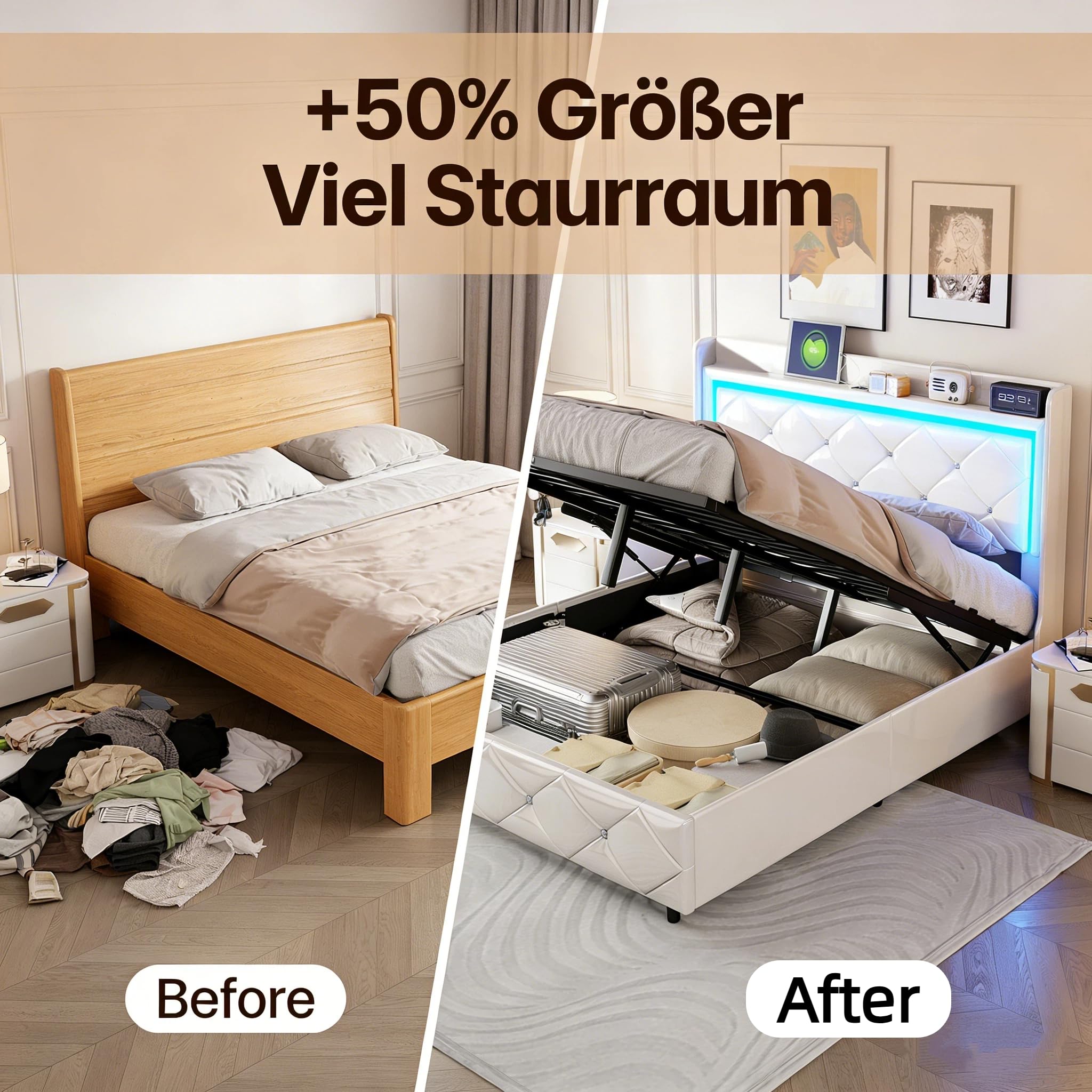 Gestoffeerd bed 160 x 200 cm, met LED en USB type C, tweepersoonsbed