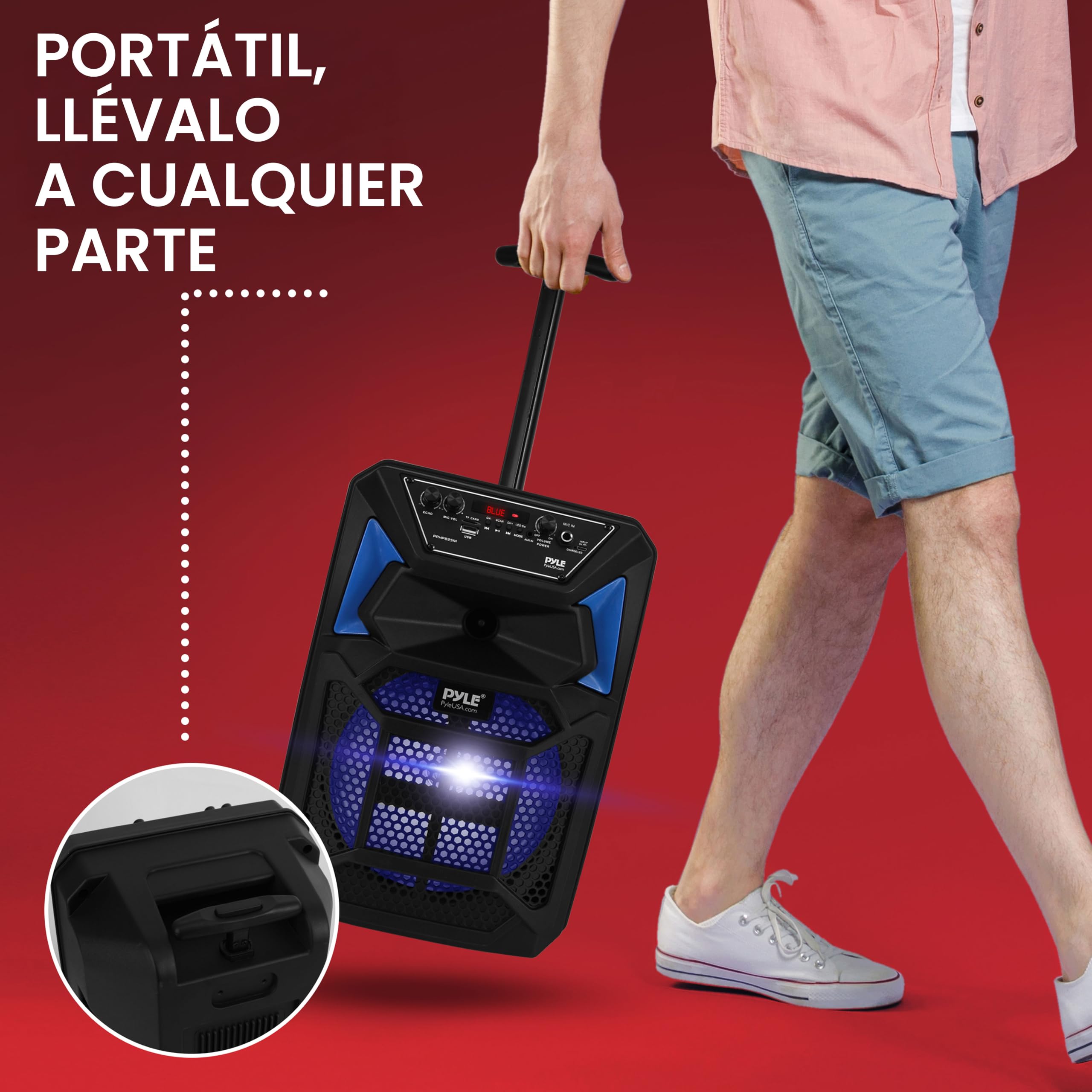 Pyle Przenośny System Głośników Bluetooth PA – 400W Głośnik Bluetooth, Wbudowane Światła Party, Zdalne Sterowanie, Mikrofon, Gniazdo MicroSD, Radio FM, Koła, MP3