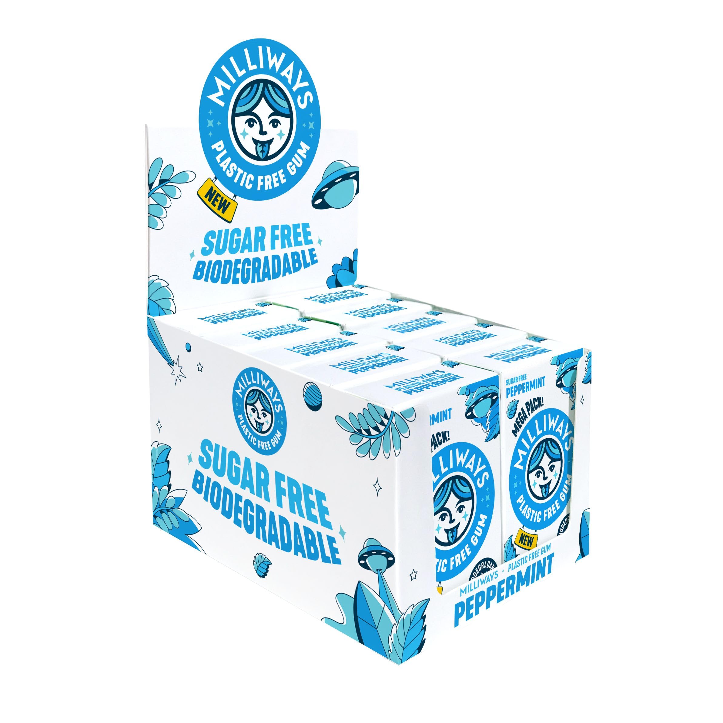 MilliwaysPeppermint Chewing Gum, Plastic Free, Sugar Free, Aspartame Free, Natural | 10 Packs of 30 Pieces (300 Pieces Total) | MEGA PACK | Xylitol, Plant-Based, Biodegradable