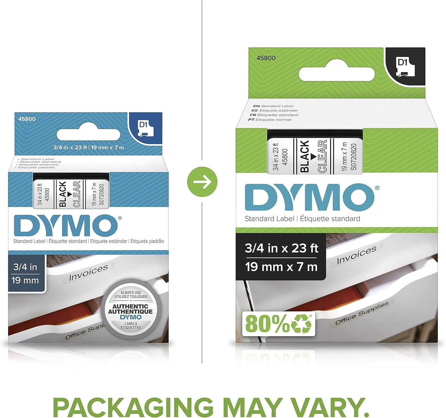 DYMO Standard D1 45800 Labeling Tape (Black Print on Clear Tape, 3/4'' W x 23' L, 1 Cartridge), DYMO Authentic