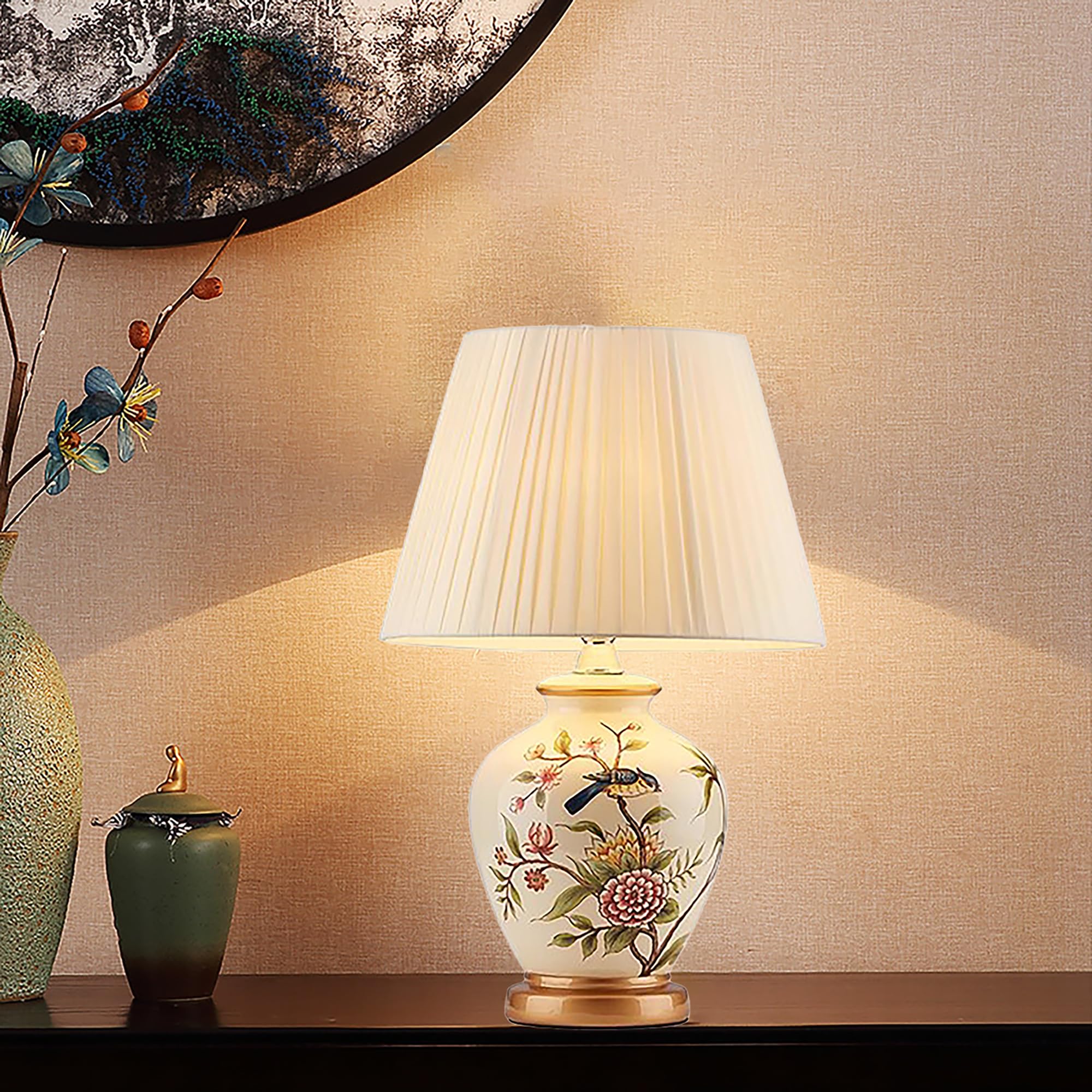 XINYASEE Lampada da tavolo in ceramica dipinta,Lampada da comodino vintage con paralume in tessuto,Testa di lampada E27,Lampada Da Scrivania Per la Casa Per Camera Da Letto, Soggiorno (Bianco)