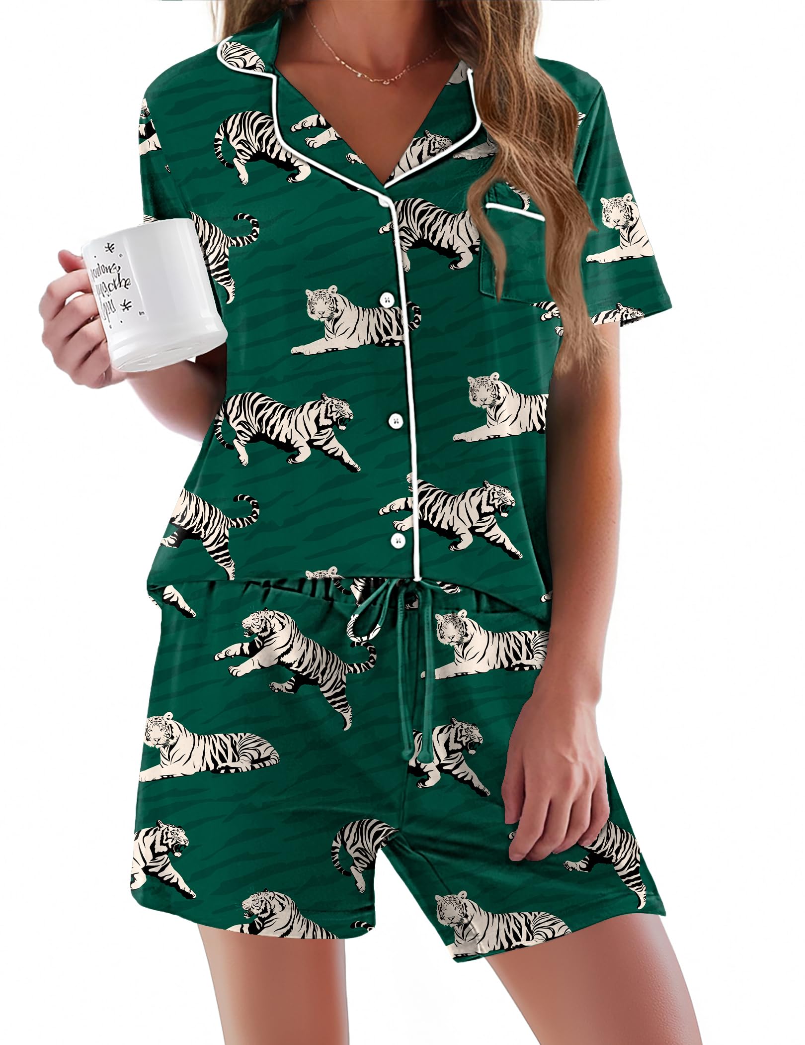 Ekouaer Pajamas Set for Women Short Sleeve Sleepwear Button Down Pj XS-XXXL | Summer 2 Piece Lounge Set, Soft Fabric, Drawstring Waistband, for Bridesmaid Bride Party, Plus Size, Petite, Cute Pattern