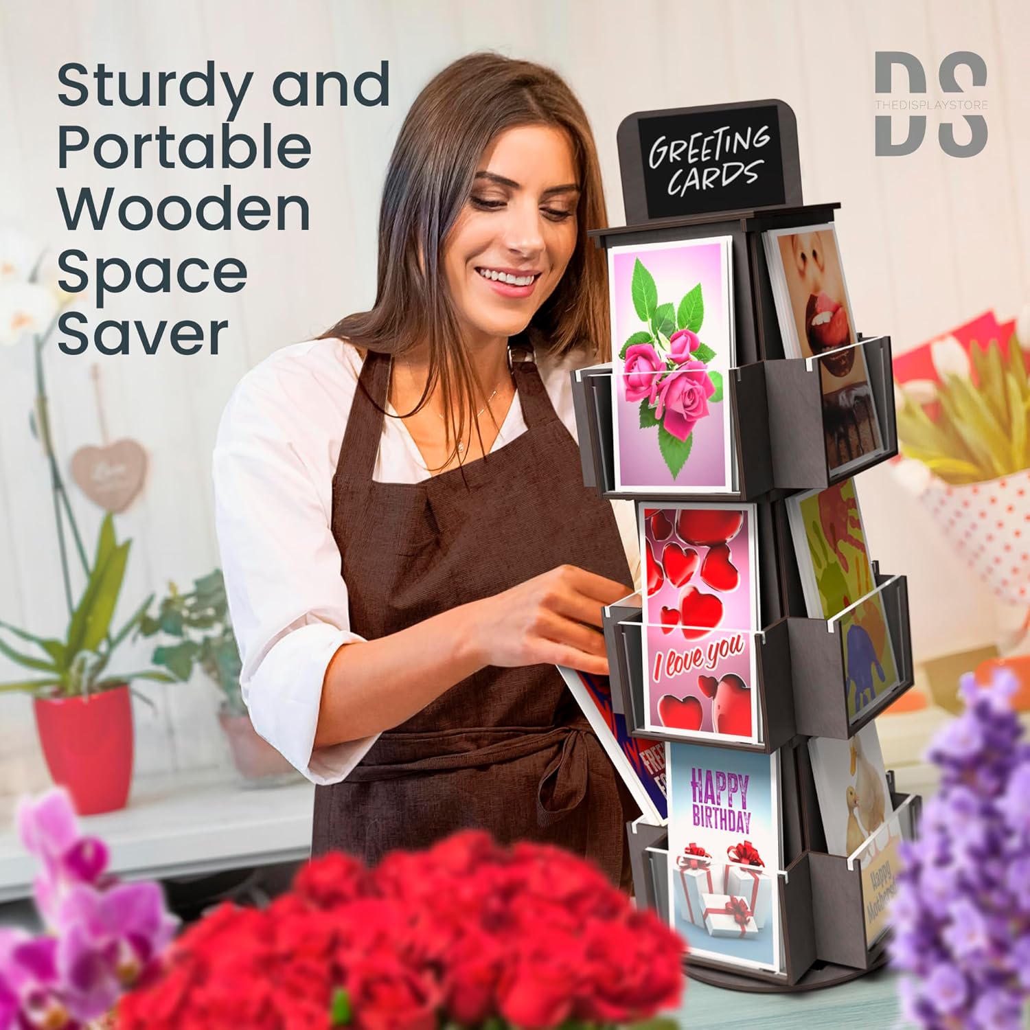 DS THE DISPLAY STORE Black 3 Tier Wooden Rotating Greeting Card Retail Display Stand, Sticker Display Card Stand, Rotating Display Stand & Sticker Holder, Retail Counter Vendor Display