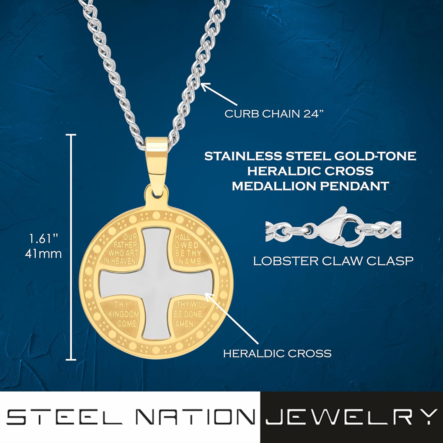 Men’s Stainless Steel Gold-Tone Heraldic Cross Medallion Pendant with Curb Chain Necklace, 24”