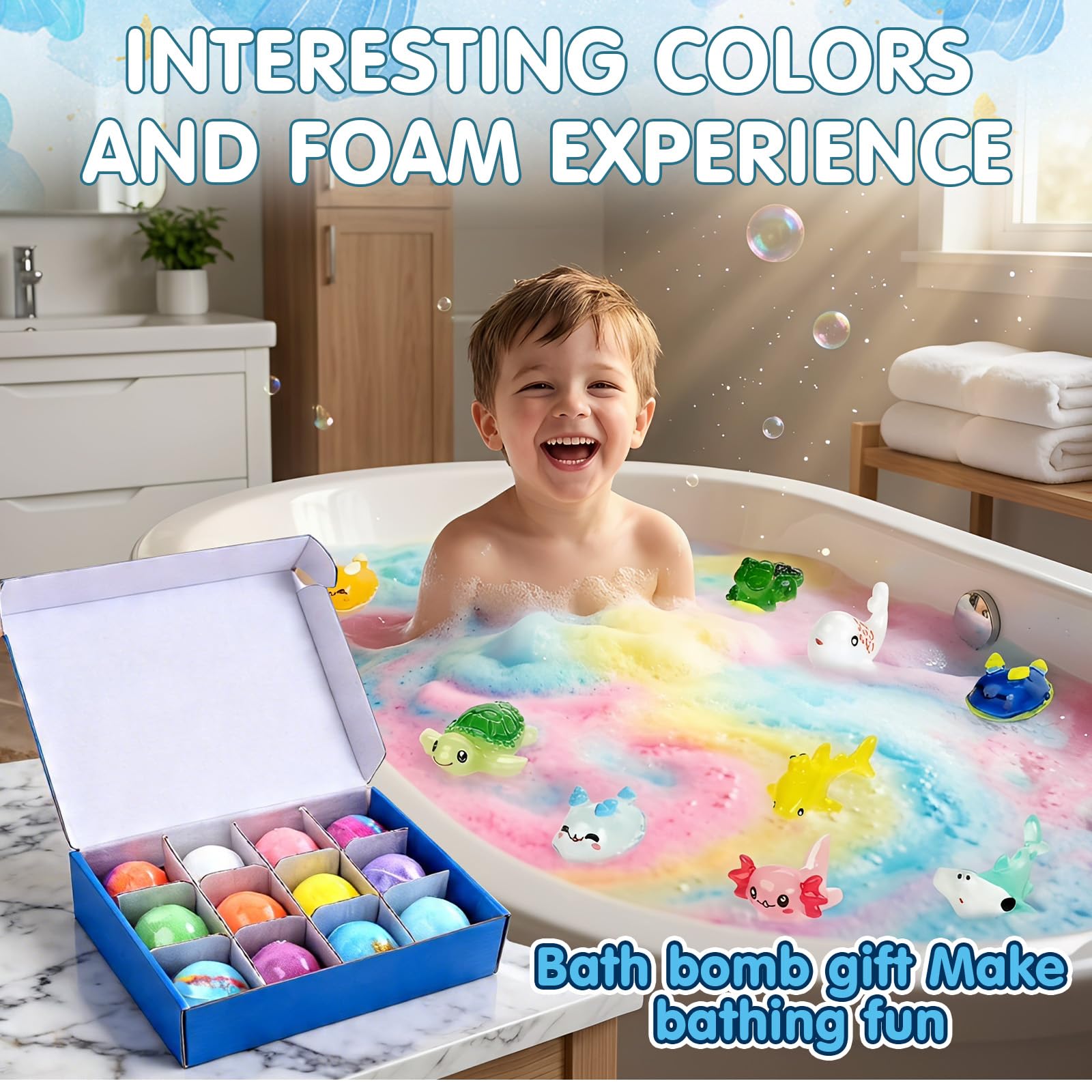 Bombe de Bain Enfant, 12 Pcs Ocean Bath Bombs for Kids, Nouve Boule de Bain Enfant avec Surprise Bombe de Bain Moussant avec Surprise Dedans, Cadeau d' anniversaire pour bébé et enfants de 4-10 ans