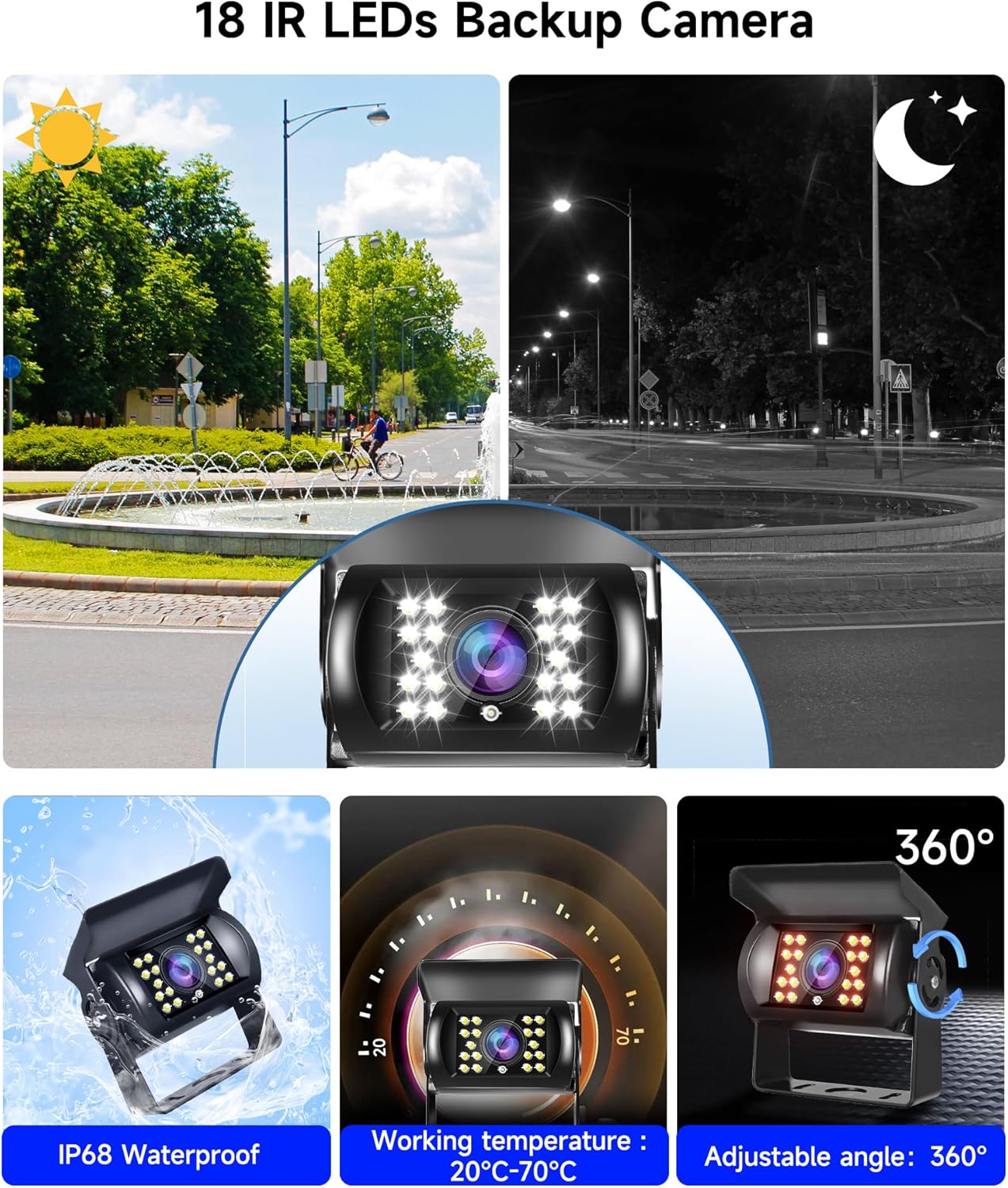 Image detailing the camera's features: 18 IR LEDs for day and night vision, IP68 waterproof rating, operating temperature range, and 360-degree adjustable angle.