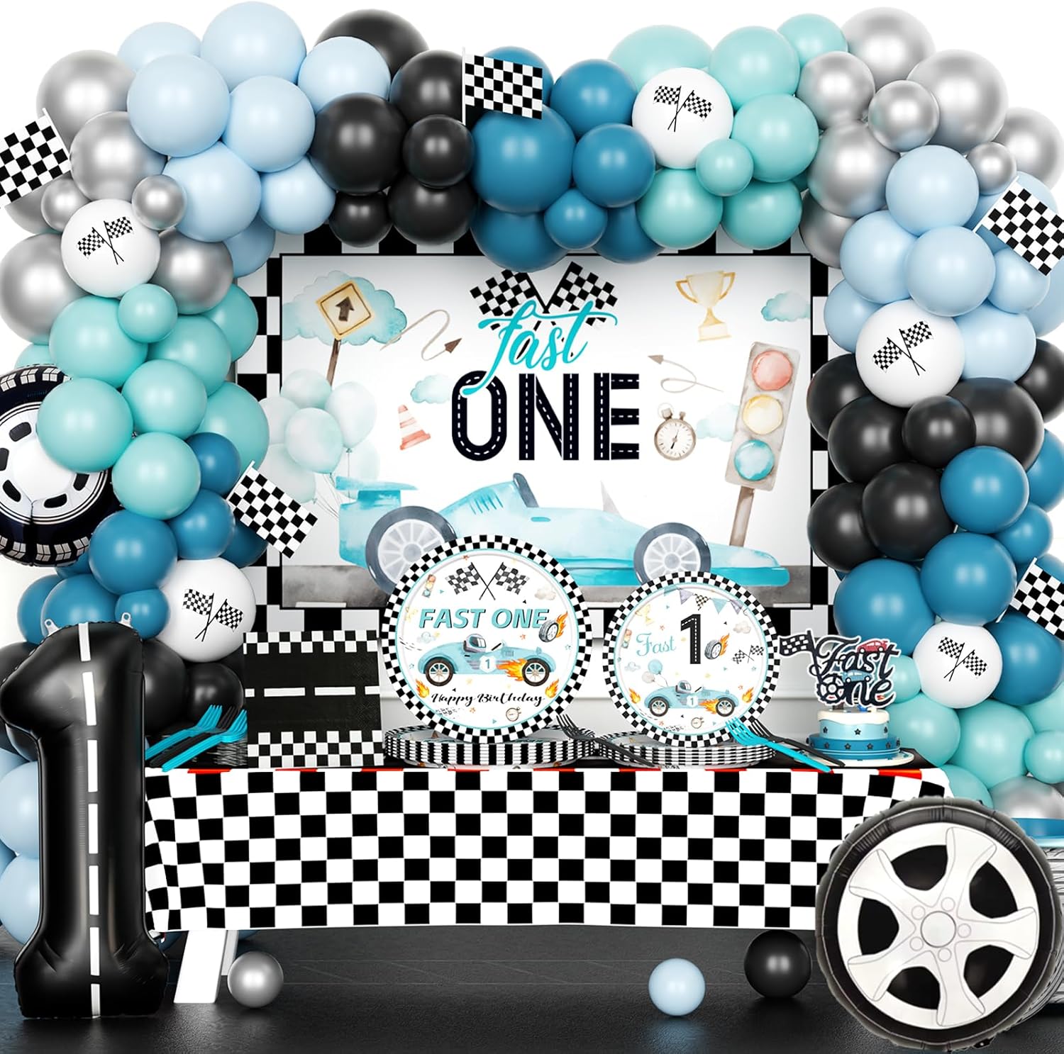 Fast One Birthday Decorations for Boys, 1st Birthday Decorations Boy, Retro Race Car Themed Backdrop Banner Tablecloth Tableware with Plates Napkins Forks for Vintage Blue First Party Supplies