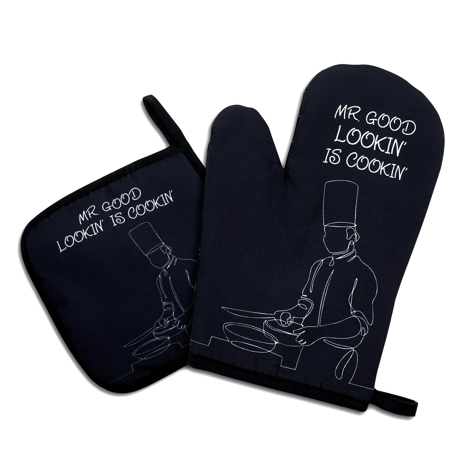 Mr.Good Looking is Cooking,Funny Oven Mitts and Pot Holders Sets of 2,Silicone Non-Slip Oven Mitts,Kitchen Gift for Men,Cooking Baking BBQ Gifts,Chef Gift