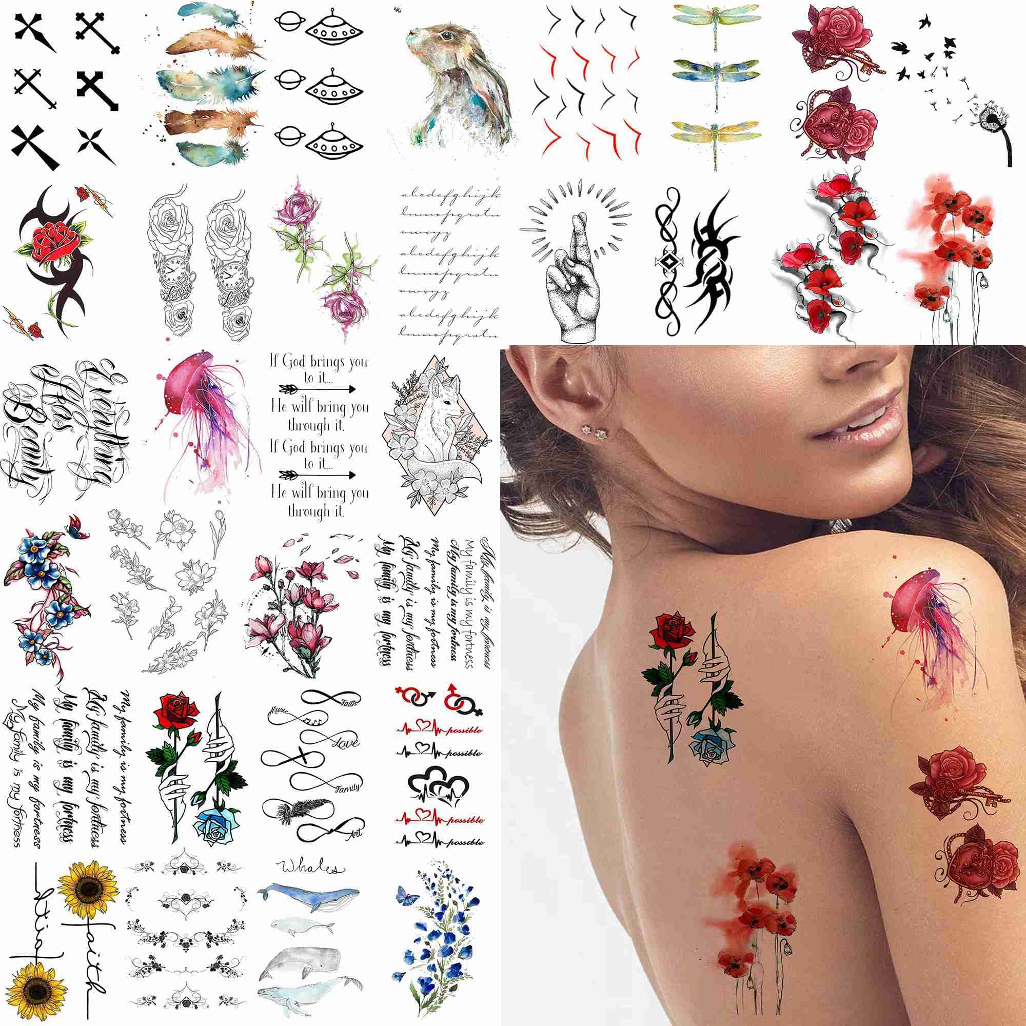 Amazon.com : Quichic 110 Pcs Animal Temporary Tattoos Realistic Tattoos for  Men Women Includes 12 Large Sleeve Tattoos Half Watercolor Tattoos : Beauty  & Personal Care