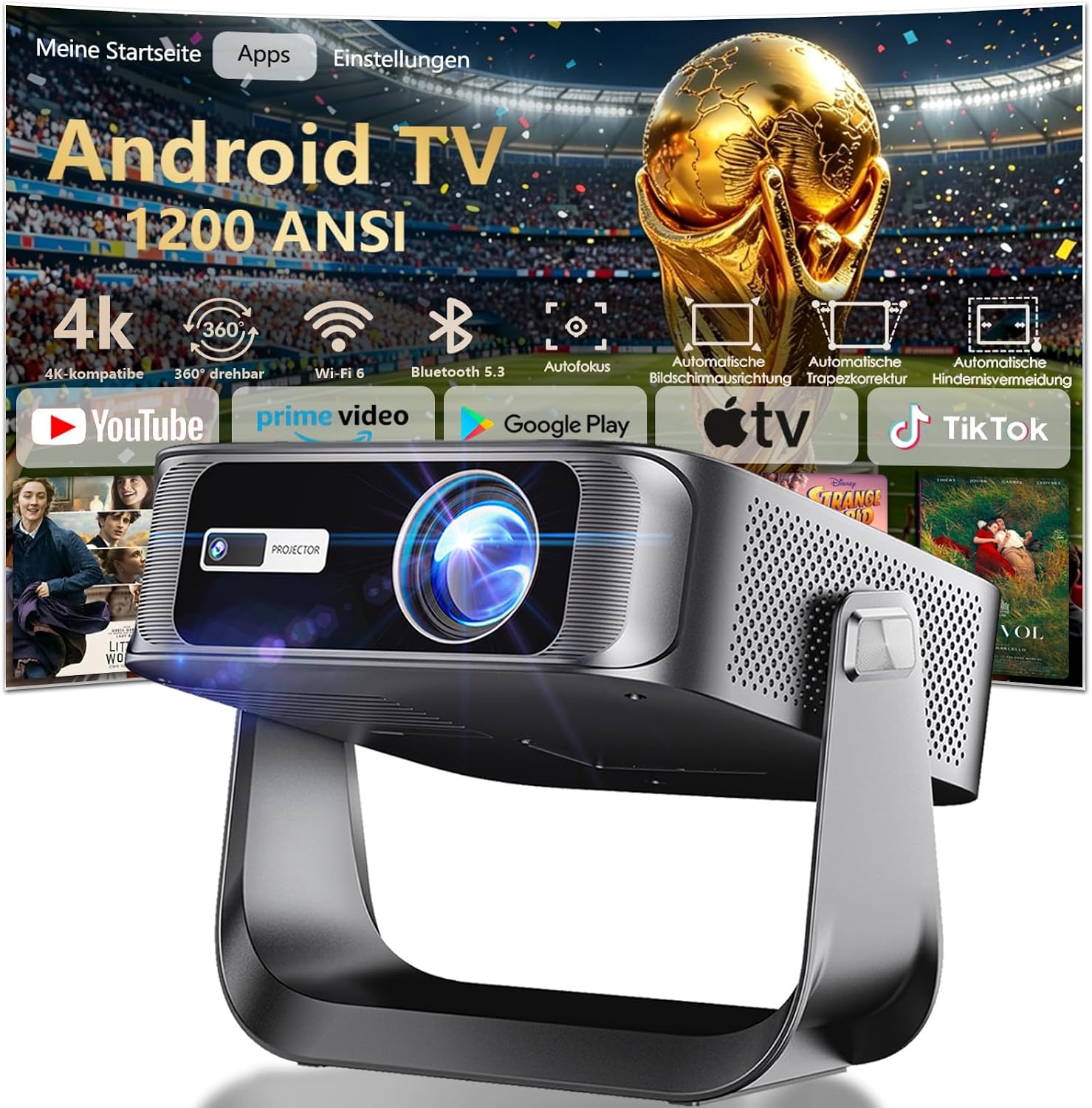 (-30%) 2026 Neuer Mini Beamer 4K Smart Beamer 【Offizielle Apps】 Native 1080p 1200 Lumen Auto Keystone Autofokus mit WiFi 6 BT5.2 HDMI Handy& TV 360°Drehständer Tragbar/Niedriggeräusch Outdoor/HeimProjektor