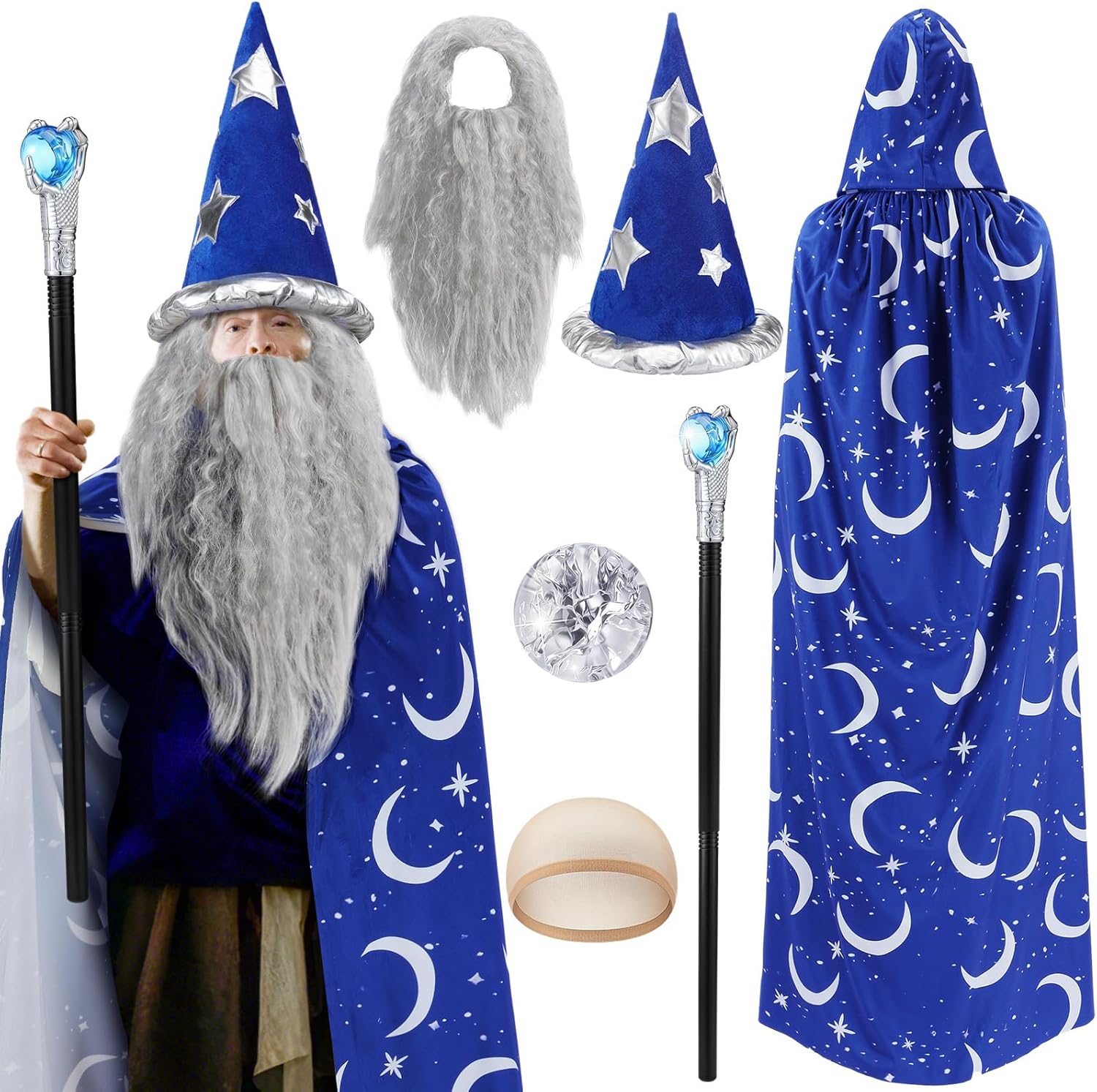 6 pcs halloween wizard robe costume set include wizard hat blue cloak beard wand wig and crystal ball for adults halloween party costume