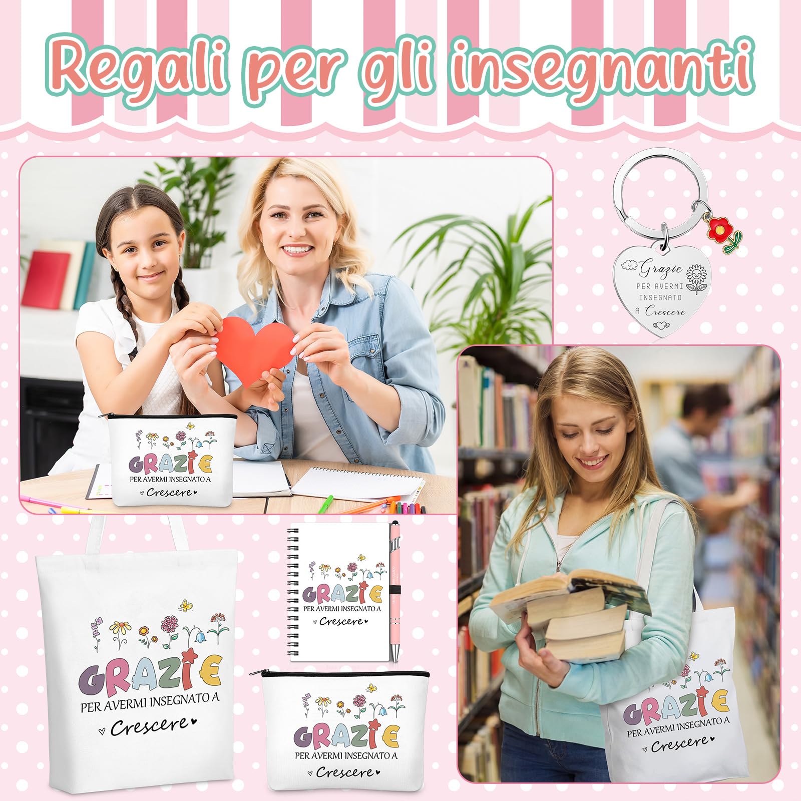 Hestya Set Regalo di Ringraziamento per la Maestra Borsa Tote Floreale, Trousse per il Trucco, Quaderno, Penna a Sfera e Portachiavi Regalo per Festa dell'Insegnante Pensionamento e Laurea