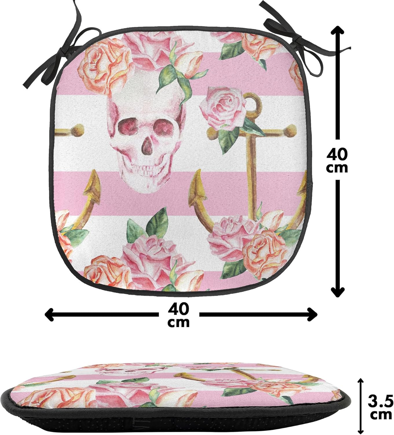Ambesonne Nautical Chair Seating Cushion Set of 4, Watercolor Art Marine Skull and Anchor with Roses Vintage Feminine Pattern, Anti-Slip Seat Padding for Kitchen & Patio, 16"x16", Pink Green White