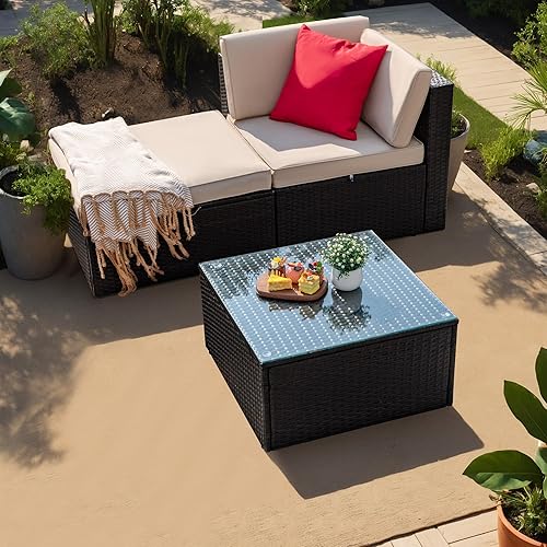Greesum Juego de 3 piezas de muebles de mimbre de ratán para patio, sofá al aire libre con cojines, almohadas y mesa de cristal para porche, césped