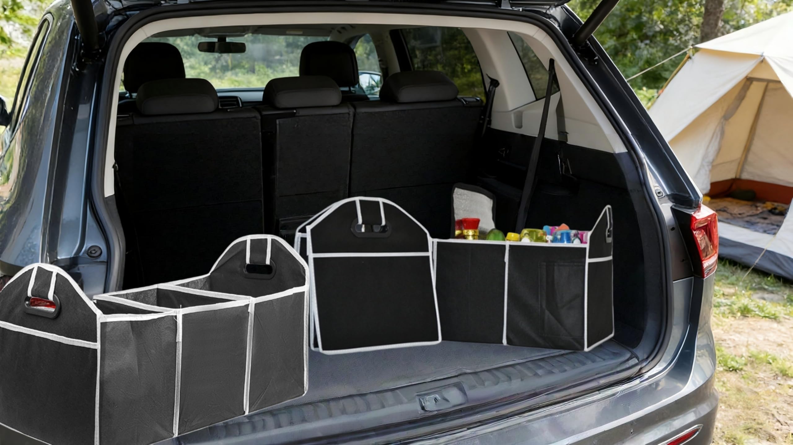 Car Trunk Organizer, Foldable Storage Organizer with 3 Compartments, Trunk Organizers Large Capacity Storage Box, Portable Bag for Cargo Trunk, Car Trunk Organizer
