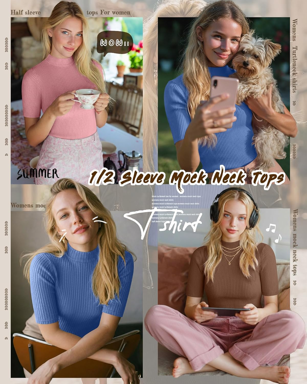 Neer 3 Pack Women's Half Sleeve T-Shirts, Mock Turtleneck Elbow Length Tee Ribbed Slim Fit Casual Summer Tunic Tops - Image 2