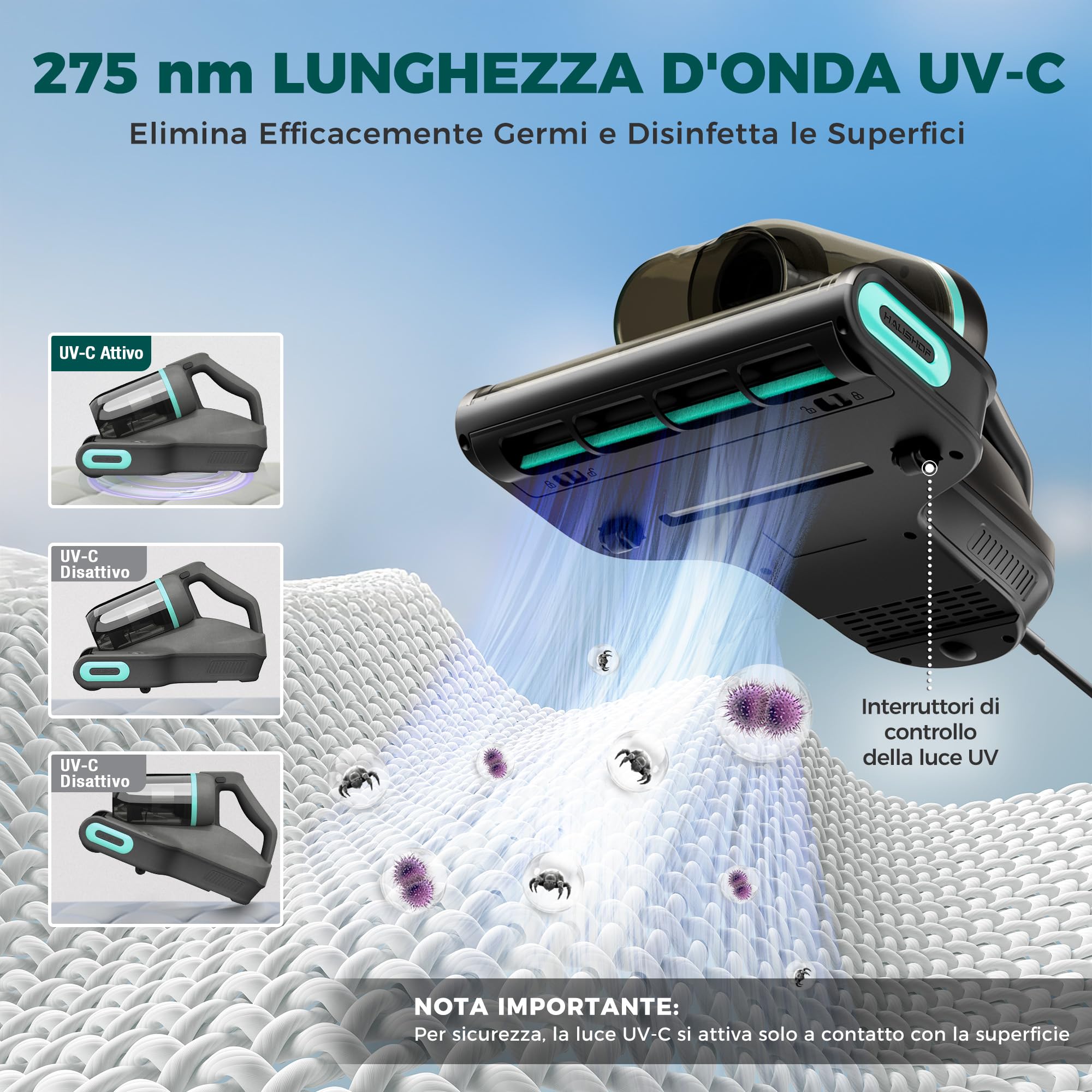 HAUSHOF Aspiratore per Materassi con 275 nm Luce UV-C, Battimaterasso Antiacaro con 60 ℃ Aria Calda, HEPA Filtro, Aromaterapia, 400 W Motore, Doppio Contenitore, Aspiratore Portatile per Letto, Divano