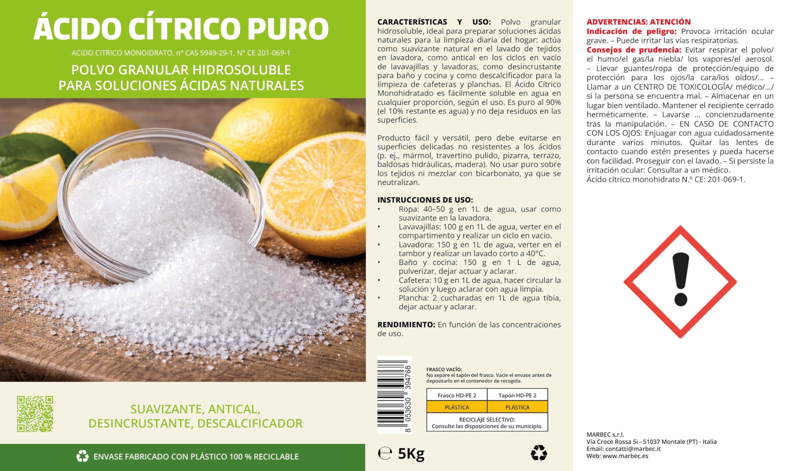 MARBEC ÁCIDO CÍTRICO PURO 5KGx4UDS Detergente desincrustante antical, suavizante natural, polvo hidrosoluble, para baño, cocina, electrodomésticos.