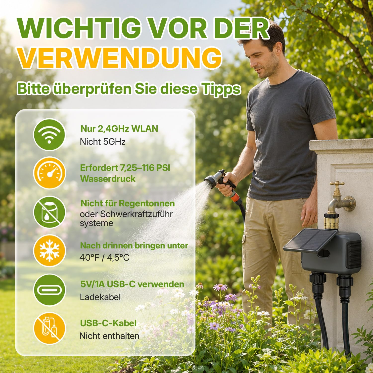 Mcbazel Solares Bewässerungscomputer mit 2 Ausgängen, WLAN-Bewässerungsuhr mit Solar & USB-C-Aufladung, App- & Sprachsteuerung, Regenverzögerung, Automatische/Manuelle Bewässerung, IP55 Wasserdicht
