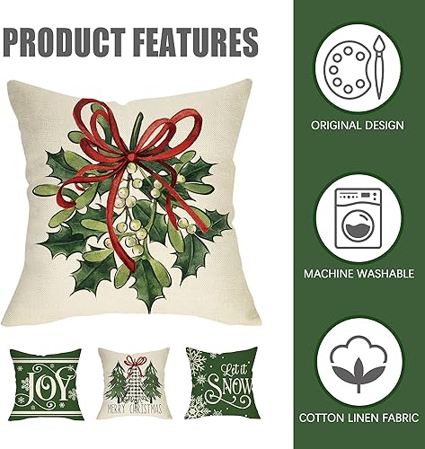 Miniatura 2 de Fahrendom Juego de 4 fundas de almohada decorativas con diseño de árbol de Navidad de 18 x 18 pulgadas, diseño de copos de nieve verde con diseño de