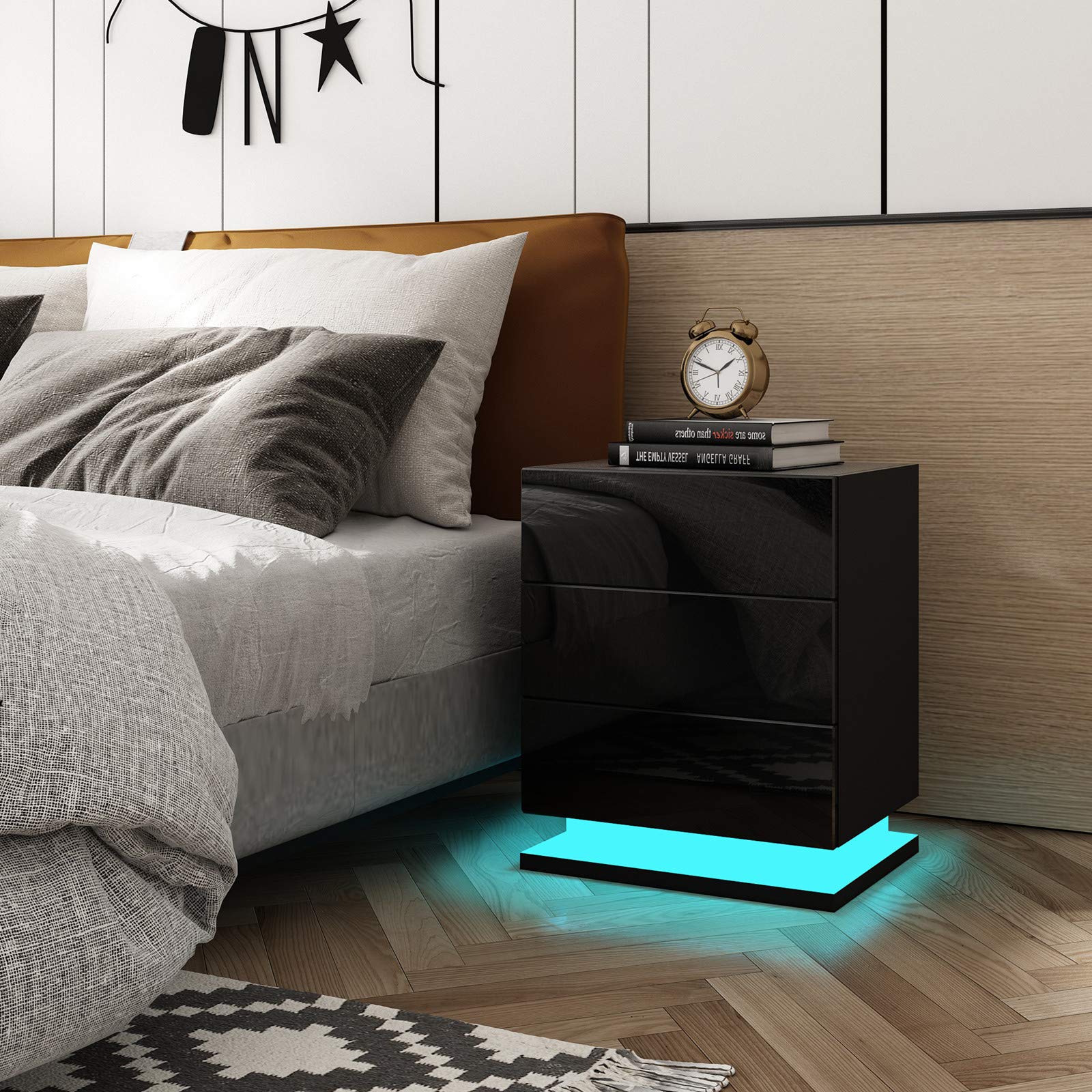 Nachttisch RGB LED Beleuchtung Nachtschrank Kommode Hochglanz mit 3 Schubladen Nachtkommode Ablagetisch für Schlafzimmer Wohnzimmer Schwarz 50x35x60cm