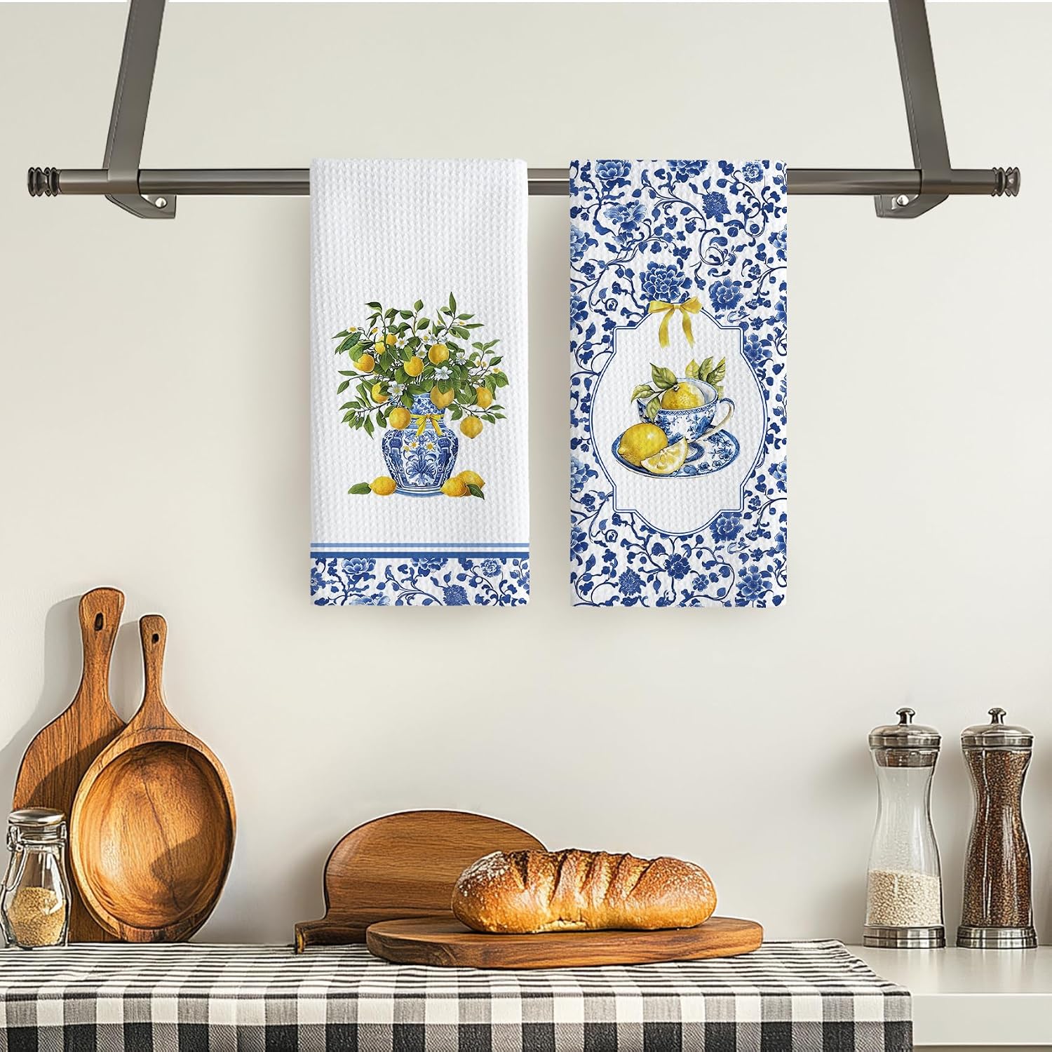 TNUW Blue and White Lemon Floral Kitchen Towels 16x24 Inch, Summer Mediterranean Lemon Dish Tea Towels for Kitchen, Chinoiserie Fruit Flower Decorative Hand Towel for Bathroom Decor, Set of 2