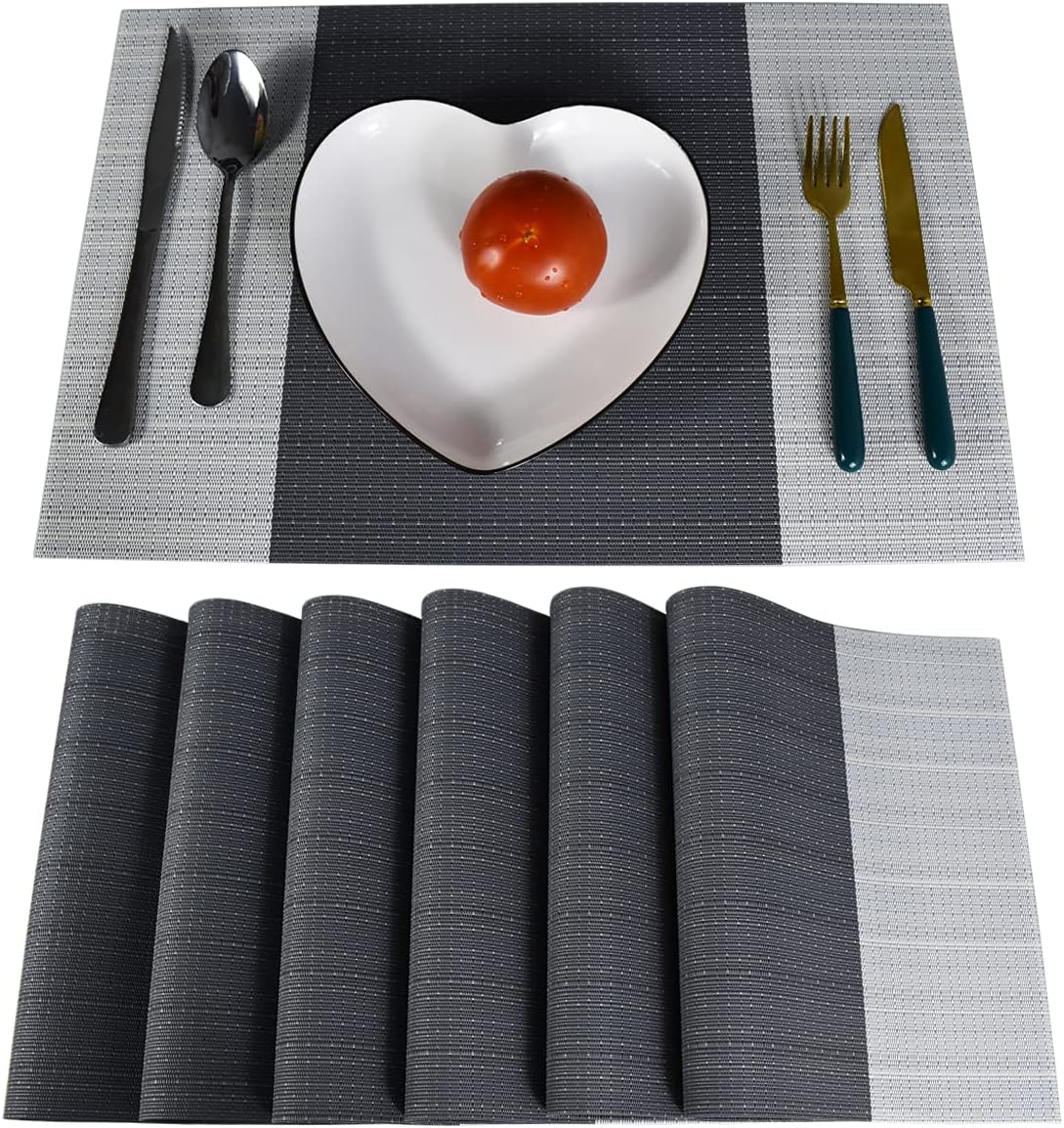 Non-Slip Placemats Set of 6, Heat Stain Ressietant Wipeable Kitchen Dining Table Decorations Easy to Clean Mats, Anti-Skid Vinyl Washable Place Matt (Cotton Like -Grey)