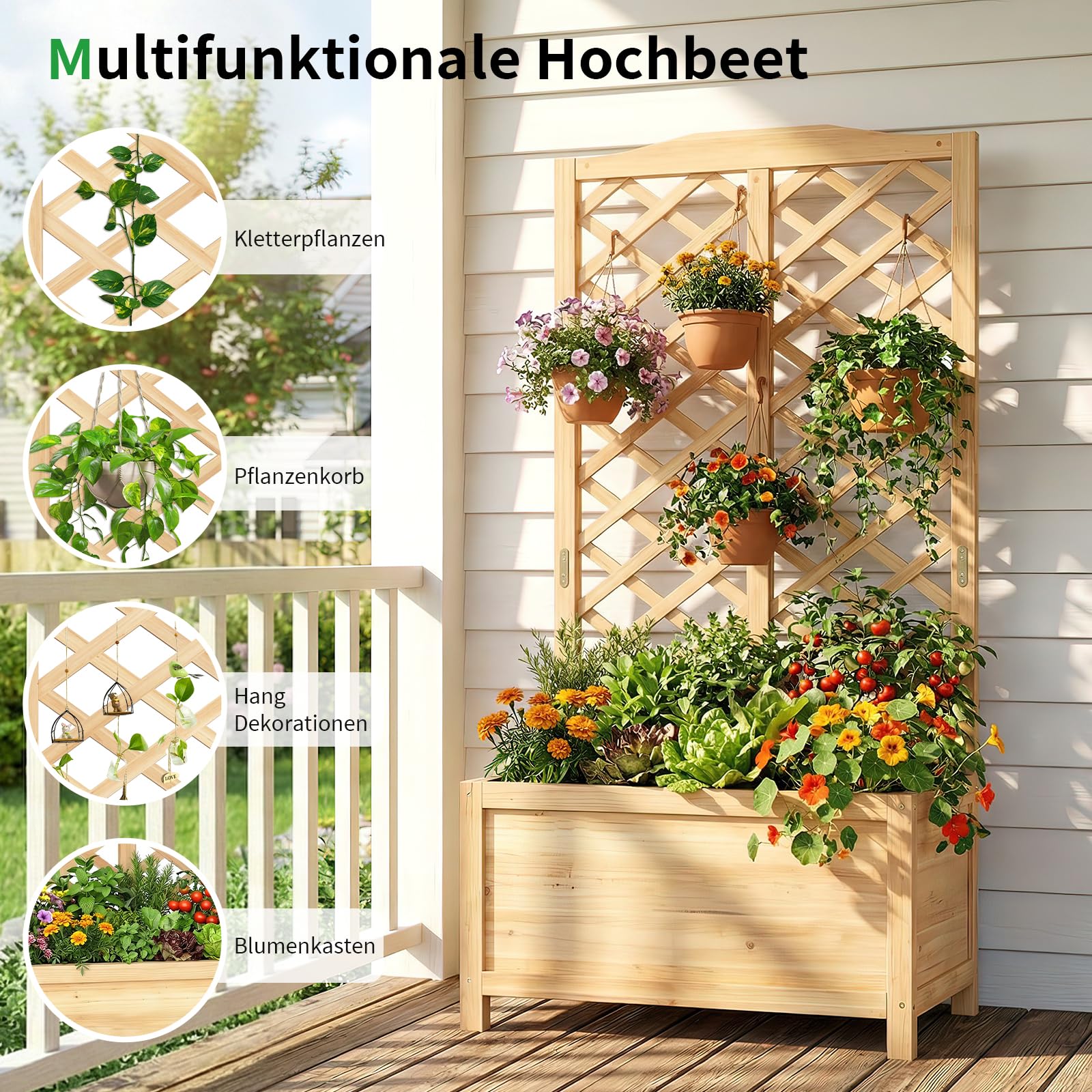 SUNYRISY Holz Hochbeet mit Rankgitter Blumenkasten mit Rankhilfe | Garten Pflanzkübel mit Spalier, Sichtschutz Garten Pflanzkasten Pflanzkübel für Anbau Kletterpflanzen, 76 x 40 x 150 cm