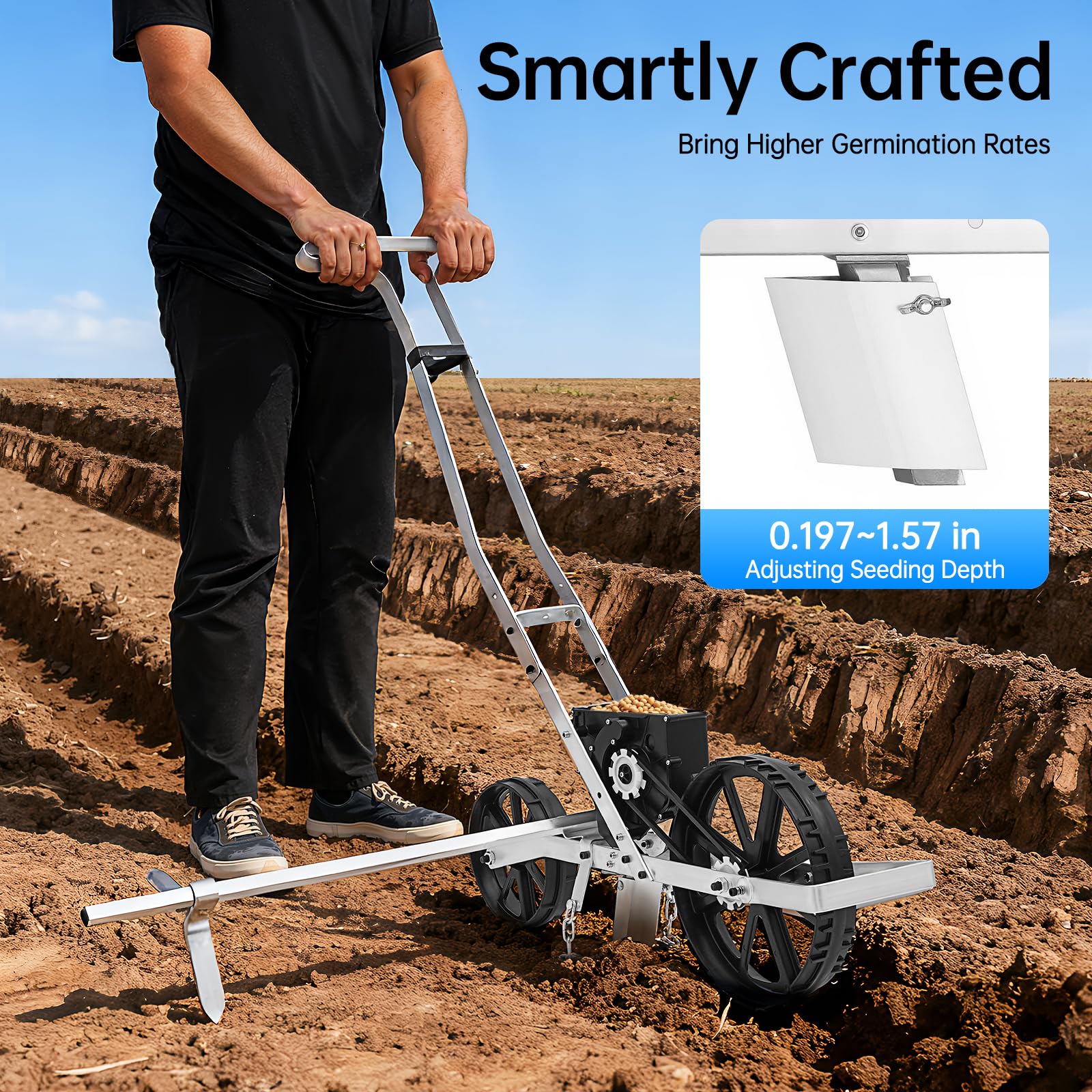 Sembradora de Jardín Manual Ajustable en Altura Máquina de Siembra de Fila Única Dispositivo de Siembra de Granos Individual, Siembra para Semillas como Maíz, Puerro, Espinaca, Zanahoria