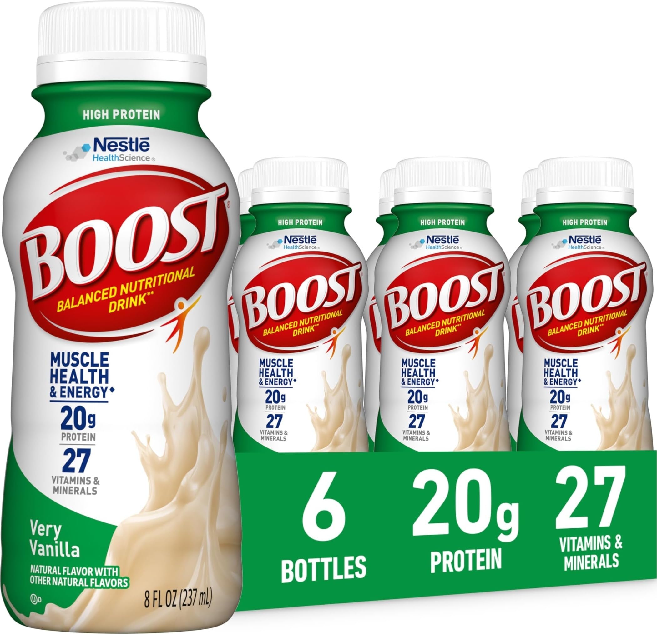 BOOST Bebida nutricional proteica sabor baunilha, 20 g de proteína, pacote com 6 garrafas