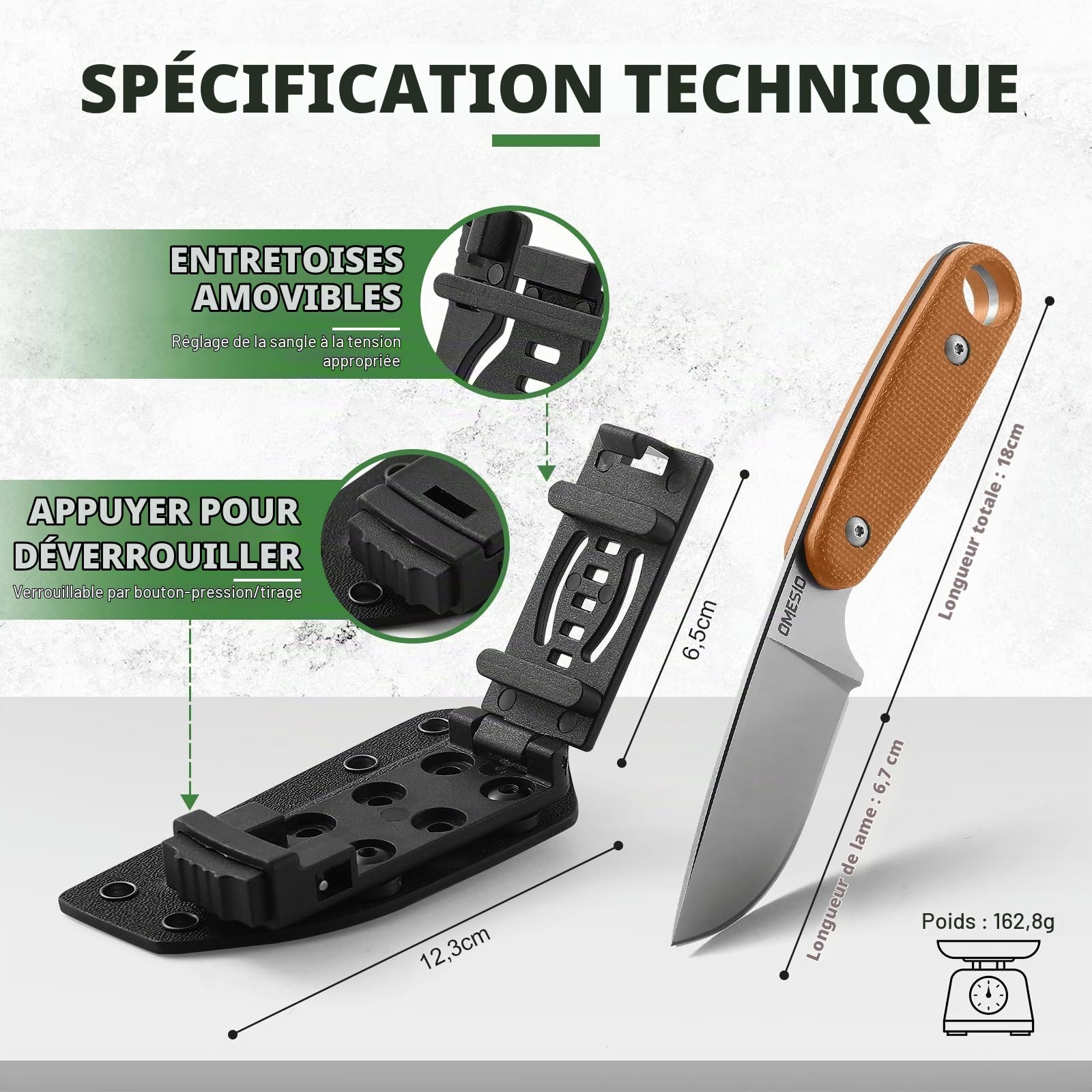 Omesio Petit Couteau Ceinture 14C28N Full Tang Micarta Kydex | Manche Micarta robuste, étui Kydex inclus. Idéal survie, randonnée, camping, cadeau homme.
