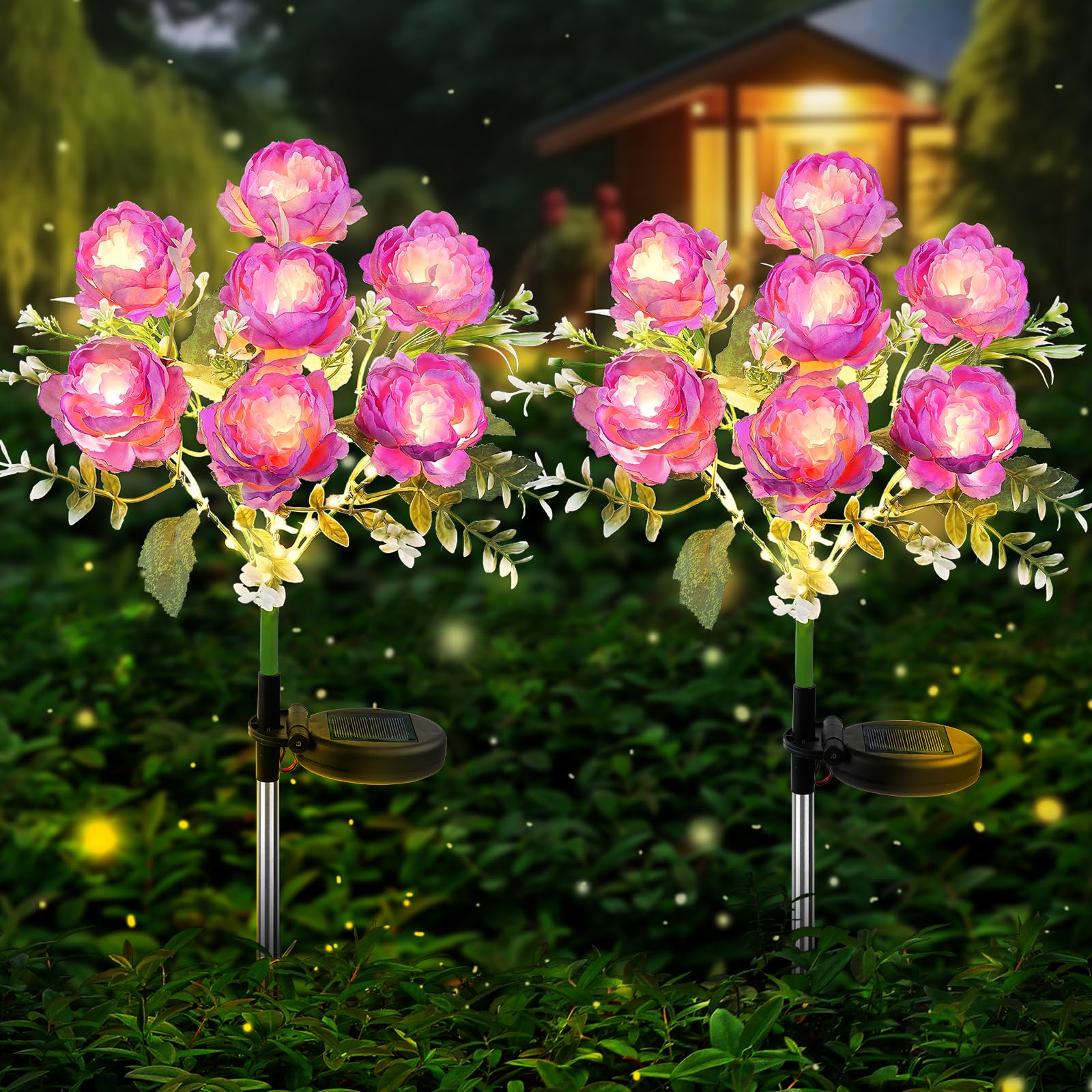 Joyoldelf Solar Lights Outdoor Waterproof, 2 Pack Purple Peony Flower Garden Lights with 7 Flowers, Warm White Decorative Pathway Lighting for Yard Patio Driveway, Solar Powered Landscape Lamp