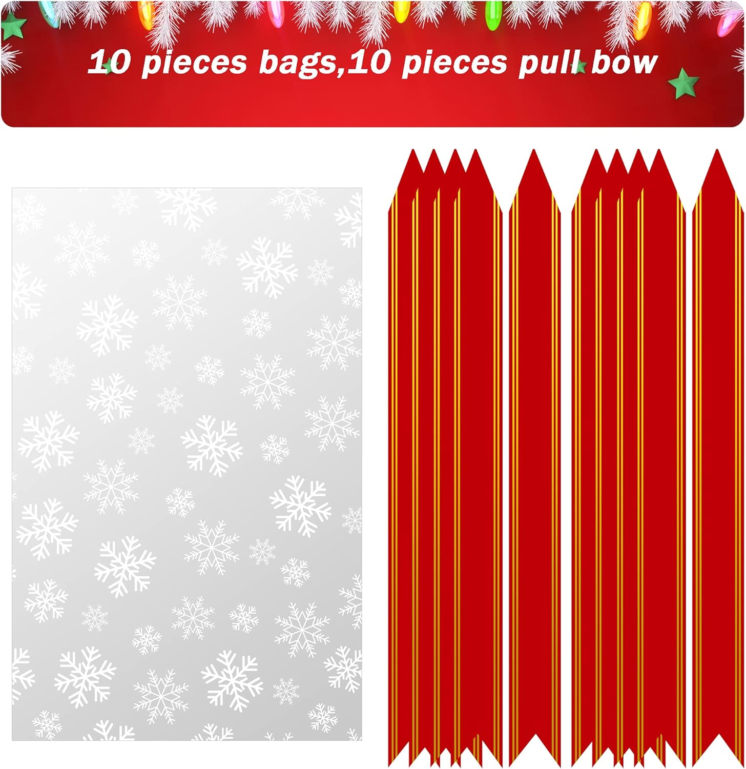 Kolewo4ever 20pcs Christmas Snowflake Cellophane Bags Pull Bow Set 10 pcs Christmas Basket Bags Wine Bottles Cellophane Wrap Perfect for Gift, Presents, with 10pcs Pull Bows (16 x 24 inches) - Image 2