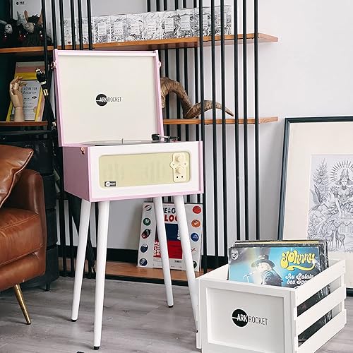 Miniatura 7 de Arkrocket - Tocadiscos retro con 3 velocidades y Bluetooth, con altavoces integrados y patas extraíbles, edición limitada, color rosa y blanco