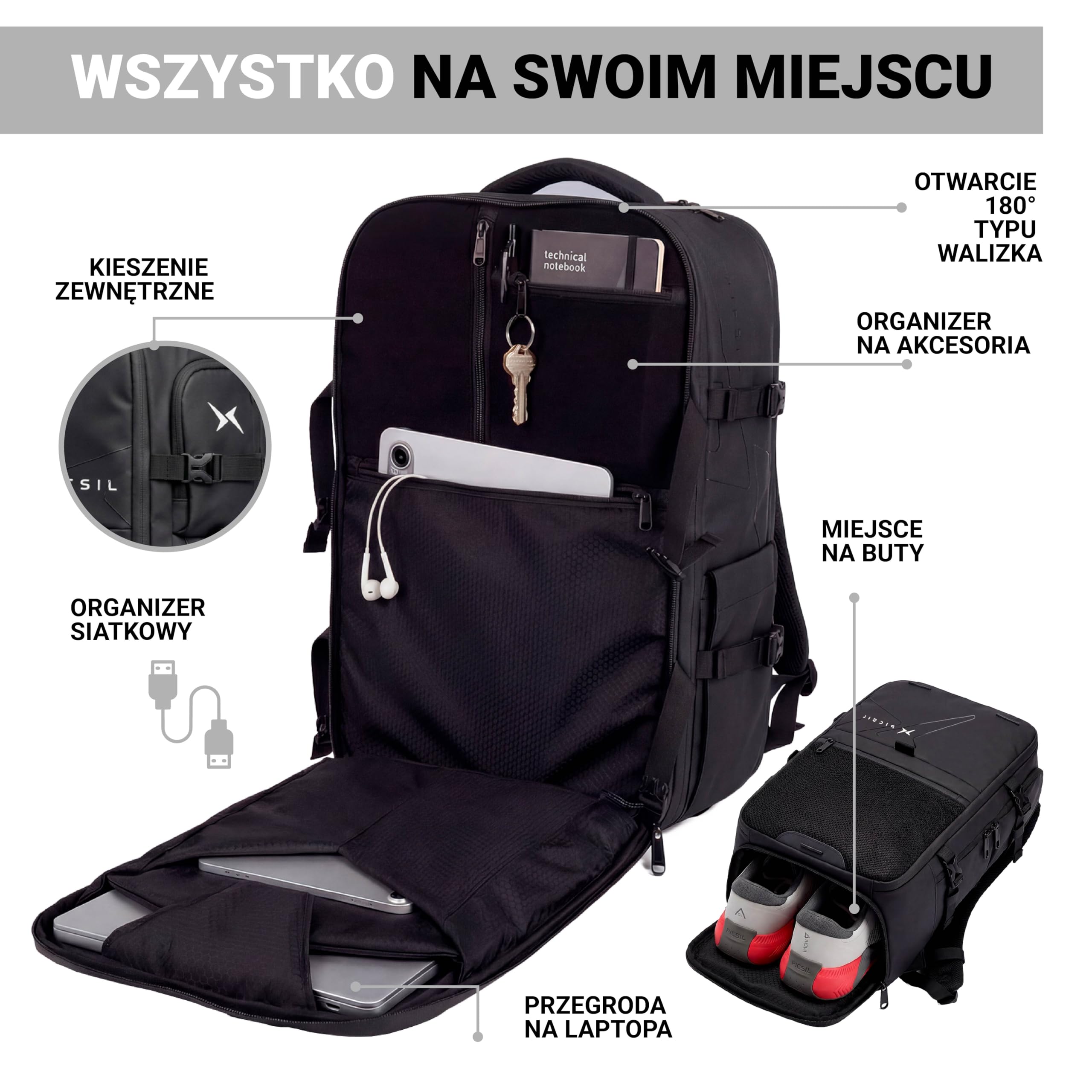 PICSIL Horizon Plecak Podróżny - Rozszerzalny 26L-33L Torba Kabinowa - Wodoodporny Pokrowiec na Laptopa 15/15,6 cala z Przegródką na Buty - Bagaż Podręczny na Podróże i Siłownię - Moss