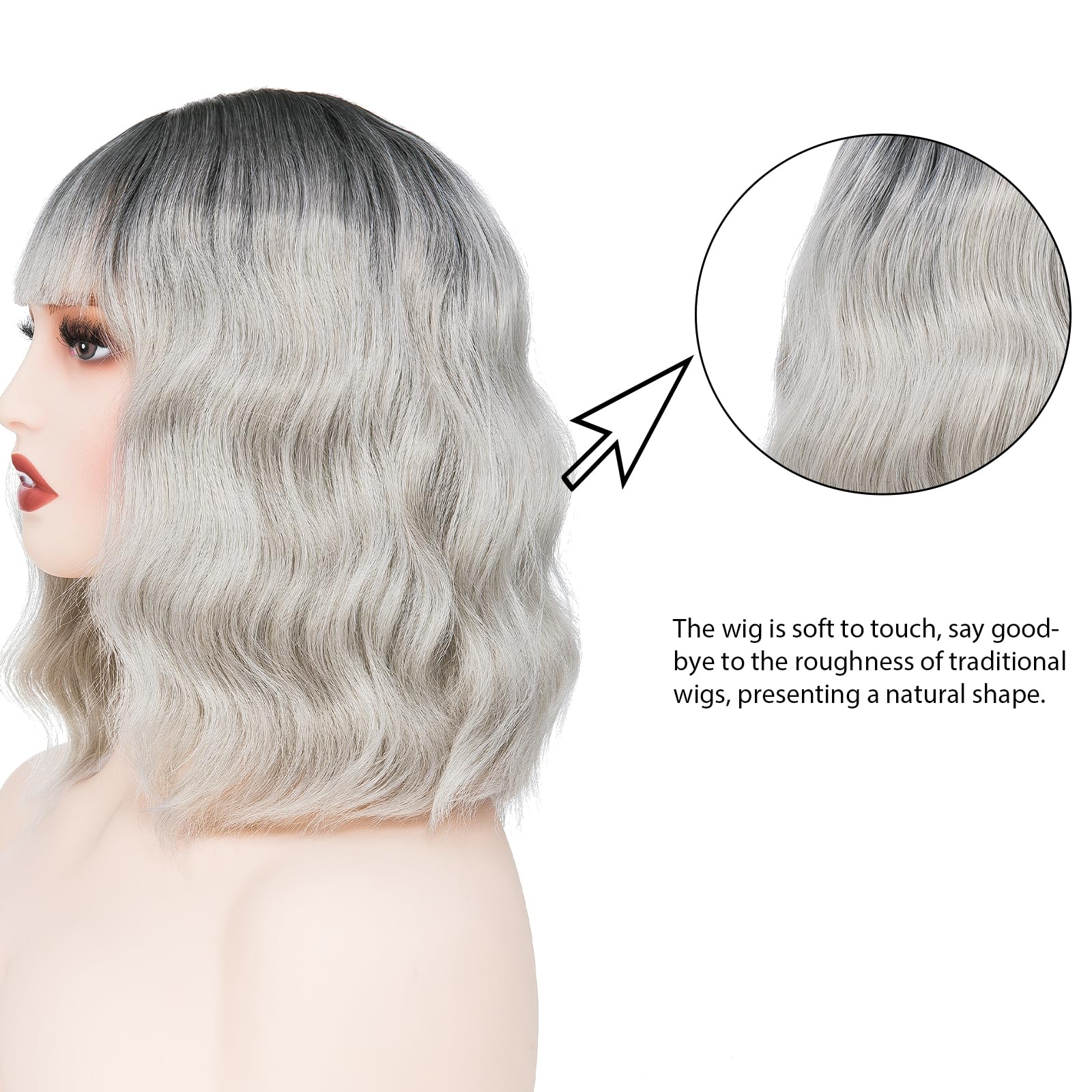 BUYOGET Wavy Bob Wig with Bangs Ombre Sliver Synthetic Hair Shoulder Length 12 Inch Short Curly Wigs for Women - Image 3