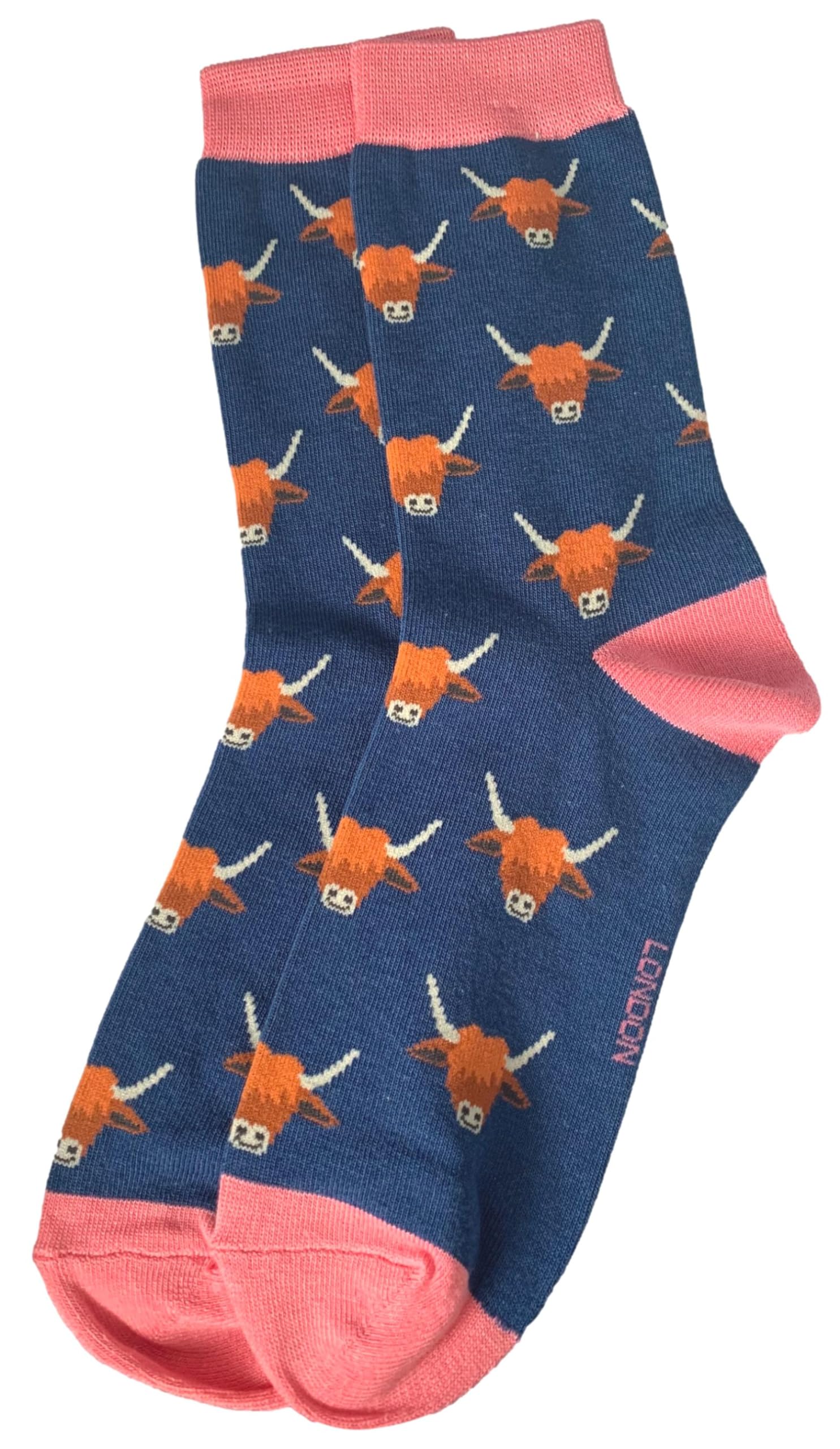 Purple Possum® Highland Cow Socks Ladies Blue Cattle Cows Bamboo Cotton Hairy Coos Fun Novelty Size 4-7