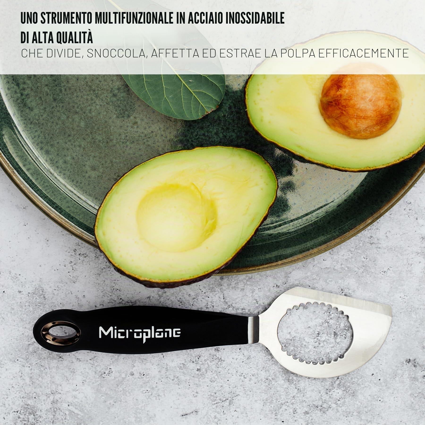 Microplane 3 in 1 Affetta Avocado, Avocado Slicer, Taglia Avocado, Multifunzione Avocado Con Lama In Acciaio Inox | Gadget Di Cucina per tagliare Frutta E Avocado