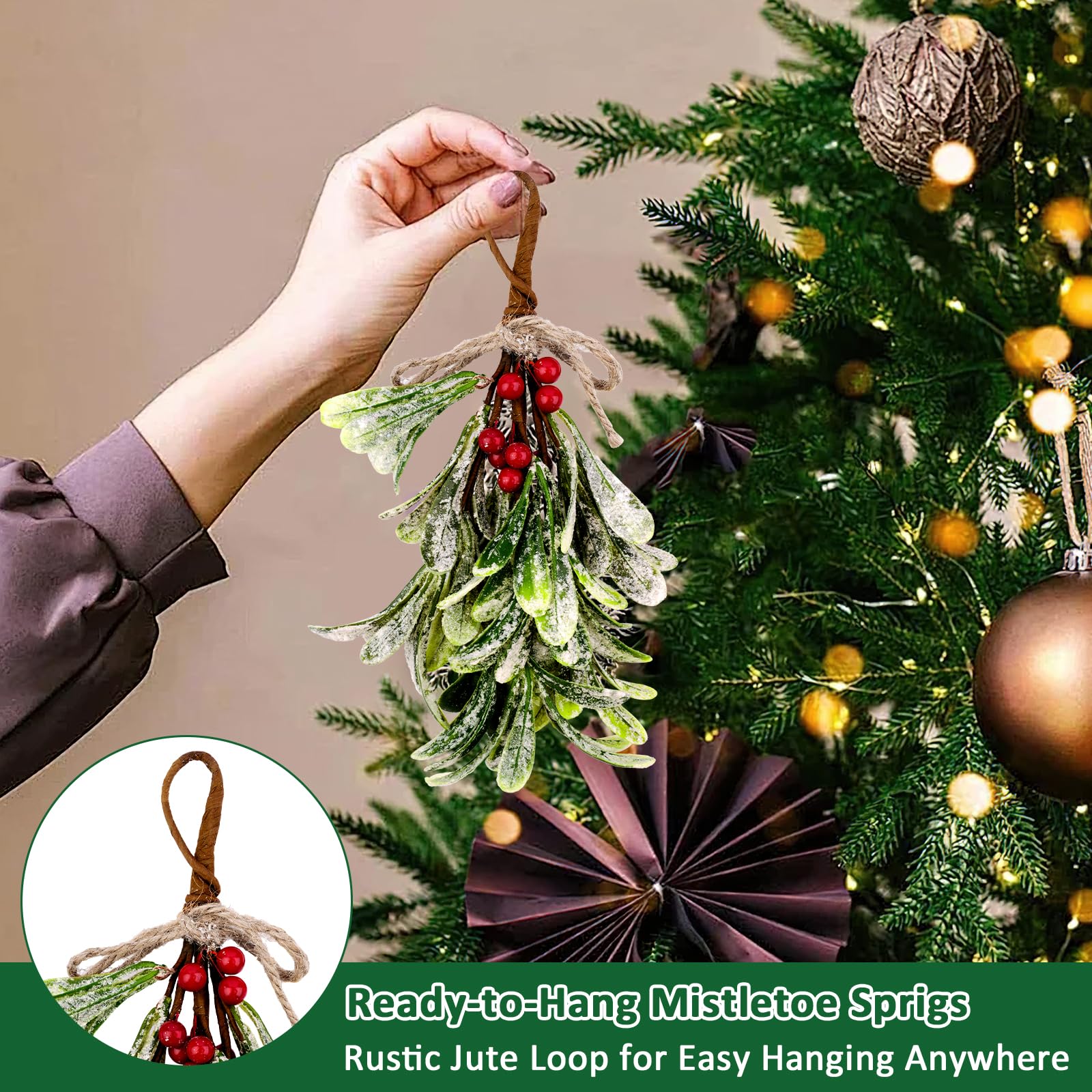 2 Stück Weihnachte Mistelzweig Deko, Mistelzweig Künstlich mit Roten Beeren, Weihnachtsbaum Zubehör Hängedekoration für Tür, Fenster, Baum (23 cm)