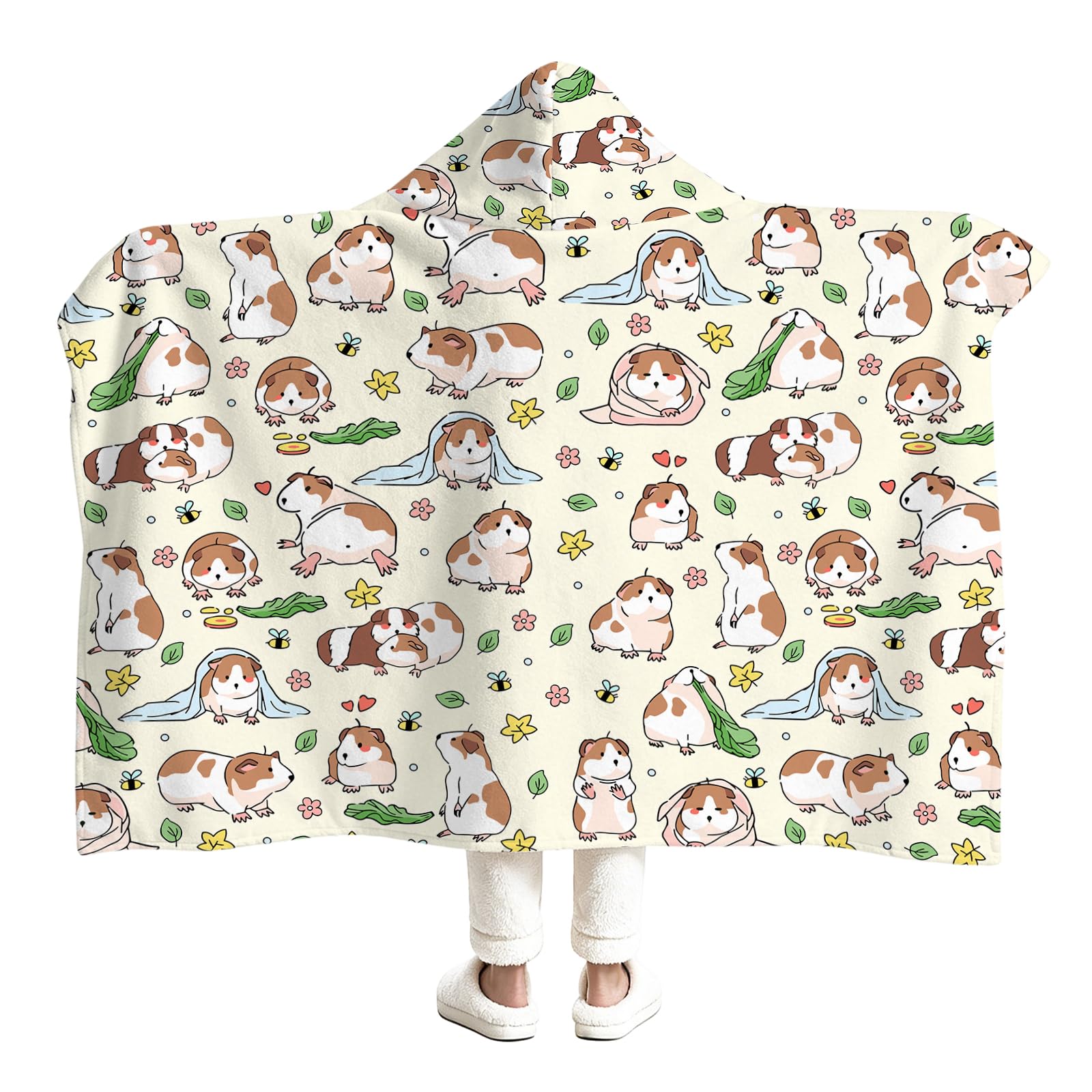 Cute Guinea Pig Print Wearable Blanket Hoodie, Lightweight Soft Cozy Throw Blanket, Birthday Gift for Girl Boy Flannel Blanket, Child Winter Warm Cozy Wearable Throw 125X100 cm