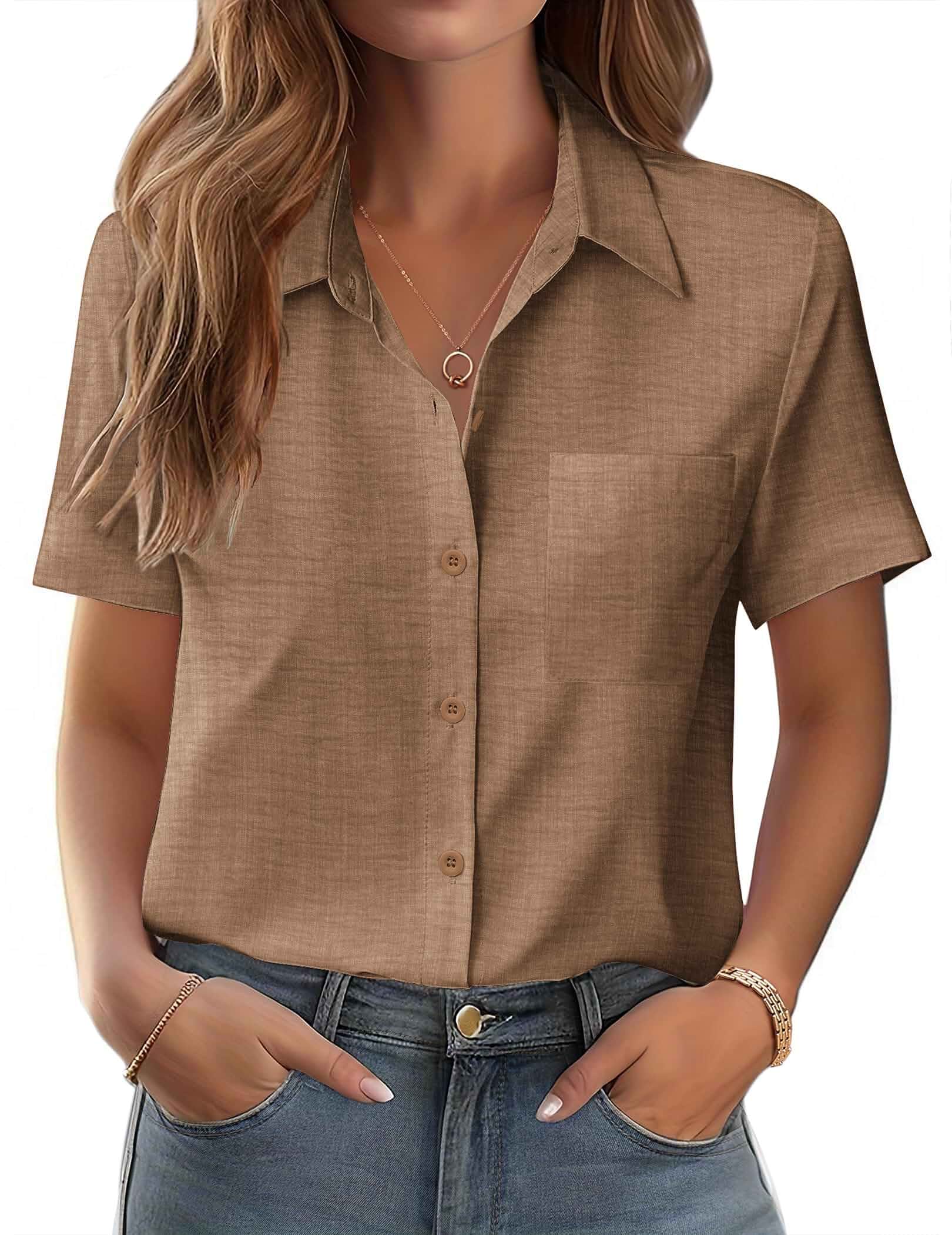 Zeagoo Womens Button Down Shirt Bust Pocket Short Sleeve Blouses Summer Top business casual tops with pocket，vacation summer clothes，daily work office clothes