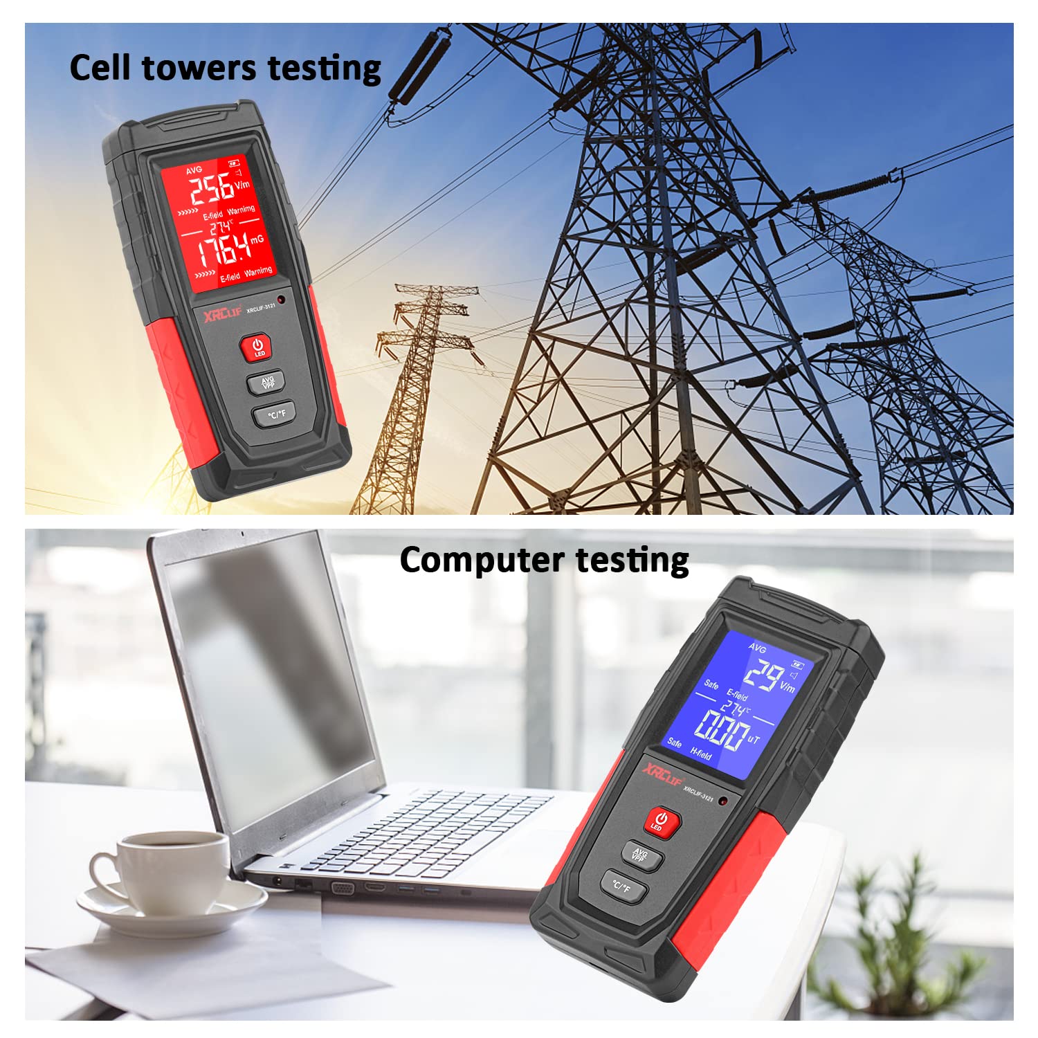EMF Messgerät, XRCLIF Digitaler Elektromagnetischer Strahlungsdetektor, Handheld EMF Tester, Elektrischer Feld-/Magnetfeldmonitor - Schwarz