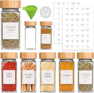 Livabl Bamboo Spice Jars with lids and Labels (120ml 24 pack) Glass Storage Jars with Bamboo Lids, 80 Minimalist Waterproof Spice Jar Labels- Airtight Herbs and Spices Containers for Kitchen