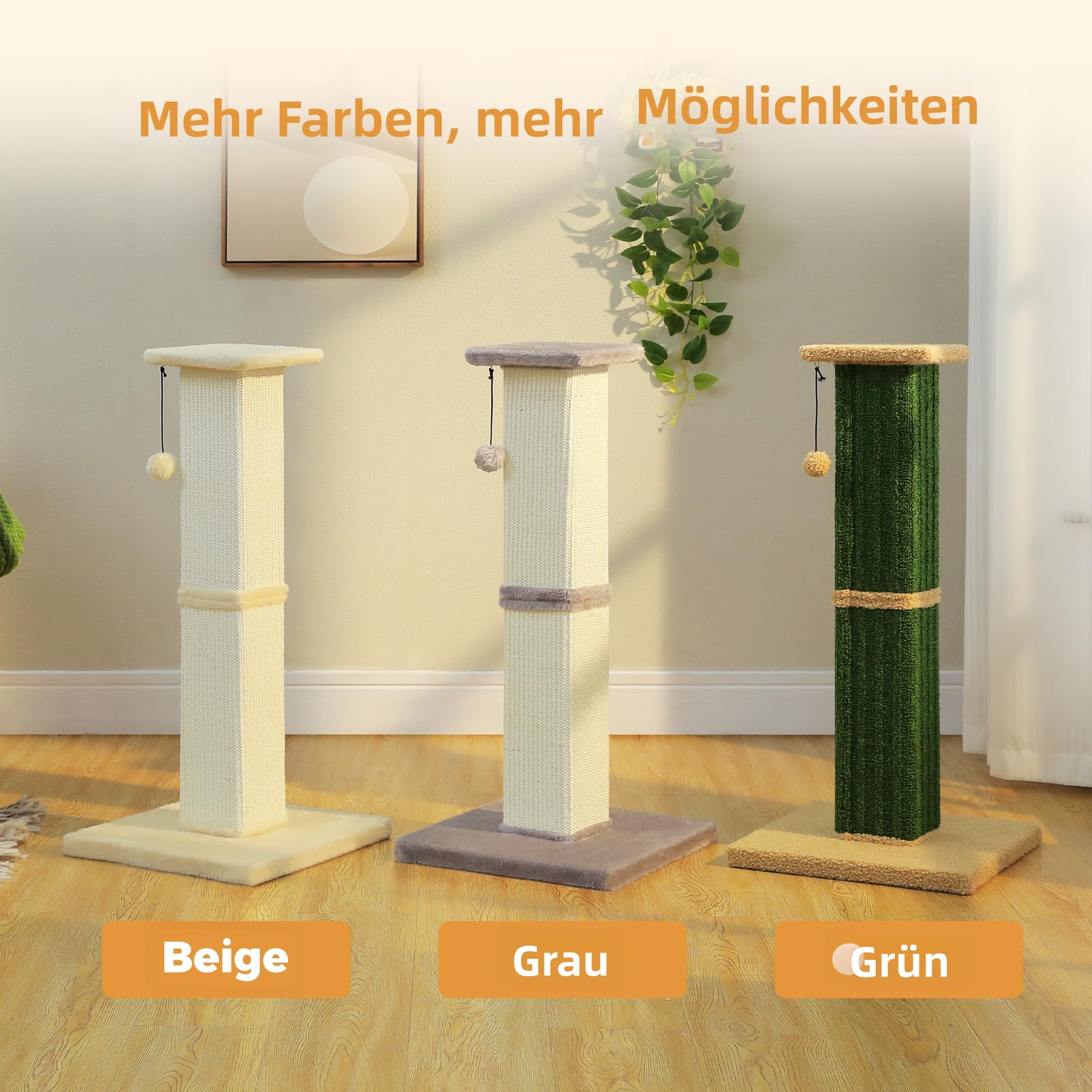 PETEPELA große Kratzsäule für Katzen, 82 cm hoch Kratzbaum für Wohnungskatzen, Stabiler Sisal-Kratzstamm mit großer Bodenplatte und Spielball – Beige