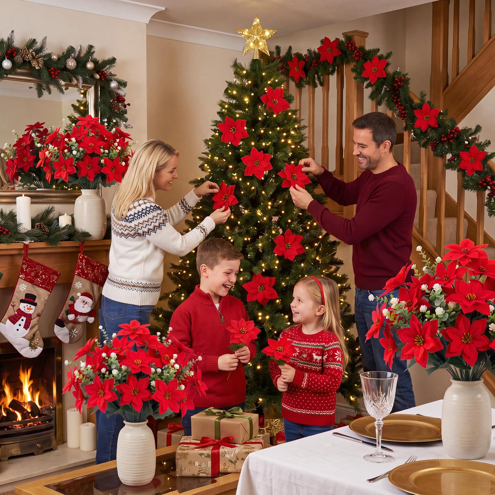 Hotop Künstliche Sträucher mit Weihnachtsstern, 16 rote Weihnachtssterne, 8 weiße Kamelien, gemischter Blumenstrauß, Stoff, Kunststoff, Blumen, Dekoration für Weihnachten, Tischvase, Kaminsims