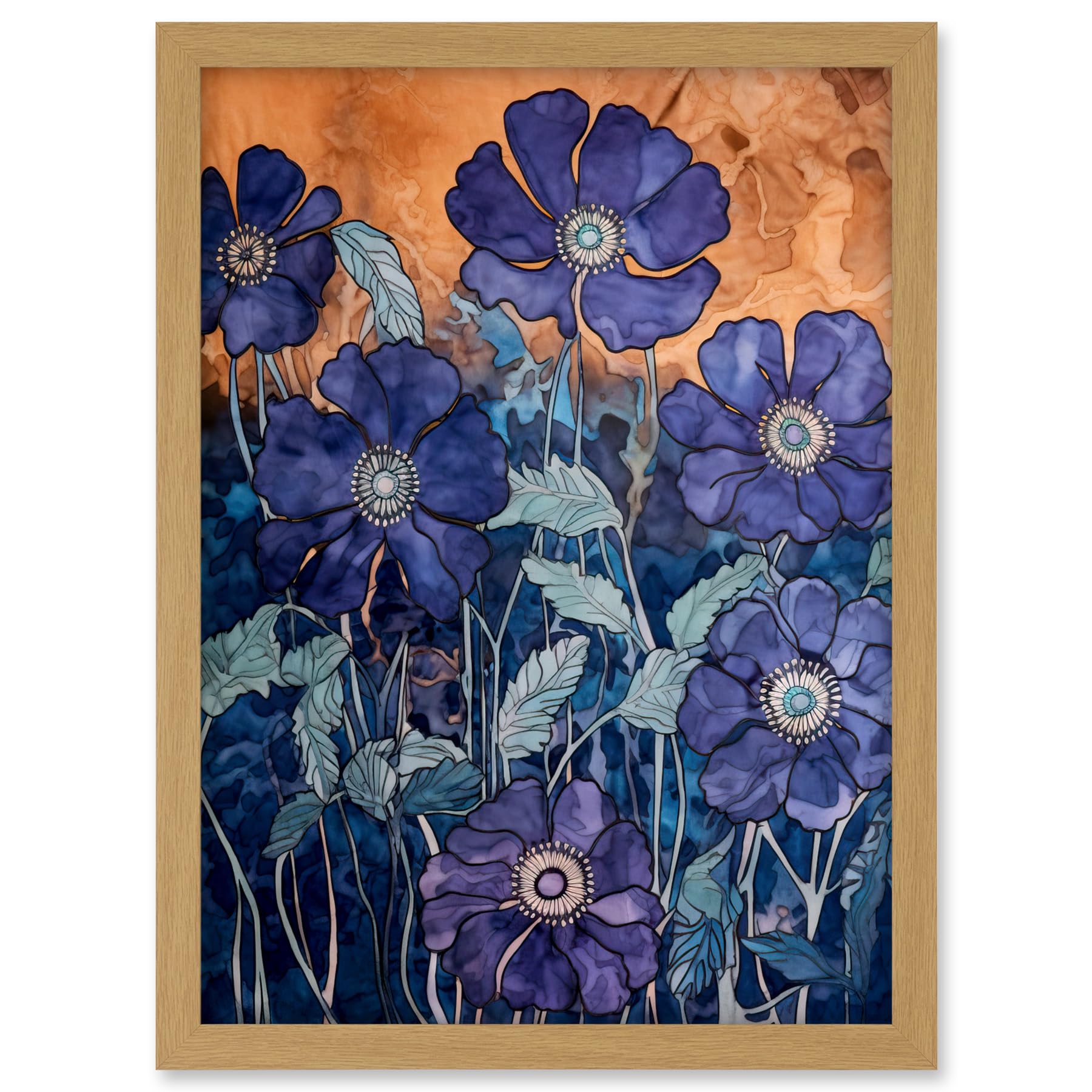 Artery8 Anemone Flower Blue and Amber Watercolour Painting Artwork Framed A3 Wall Art Print