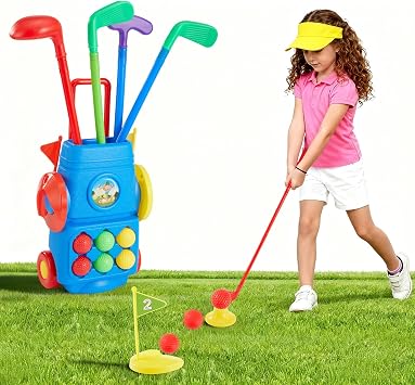 Kids Golf Set with 4 Golf Clubs, 6 Golf Balls & 2 Practice Holes   Portable Golf Cart Play Set for Indoor & Outdoor Garden Games, Sports Toy for Boys & Girls