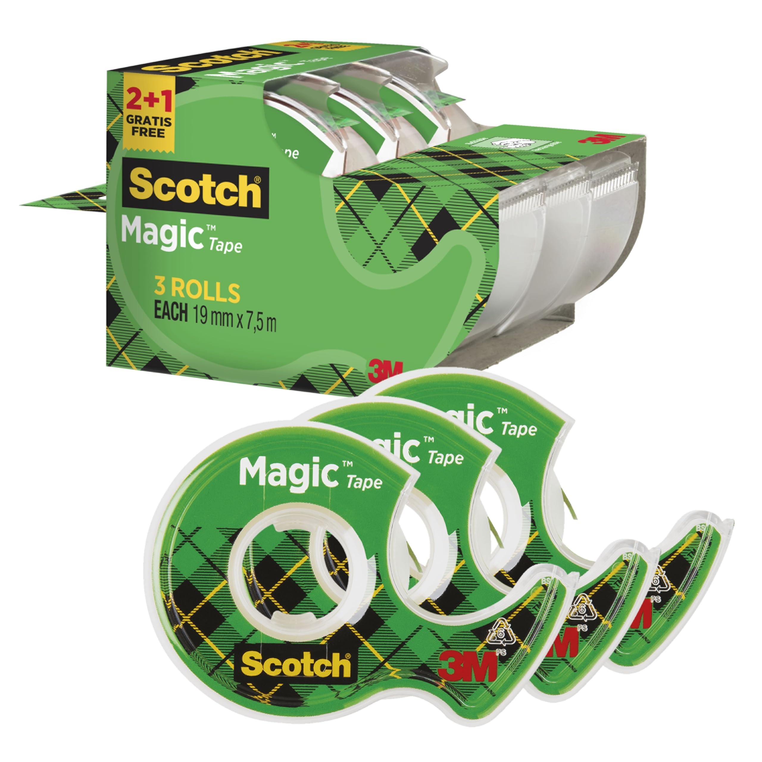 Scotch Nastro Adesivo Magic Trasparente con Dispenser, Confezione da 3 Pezzi, 7,5 mm x 3 mm