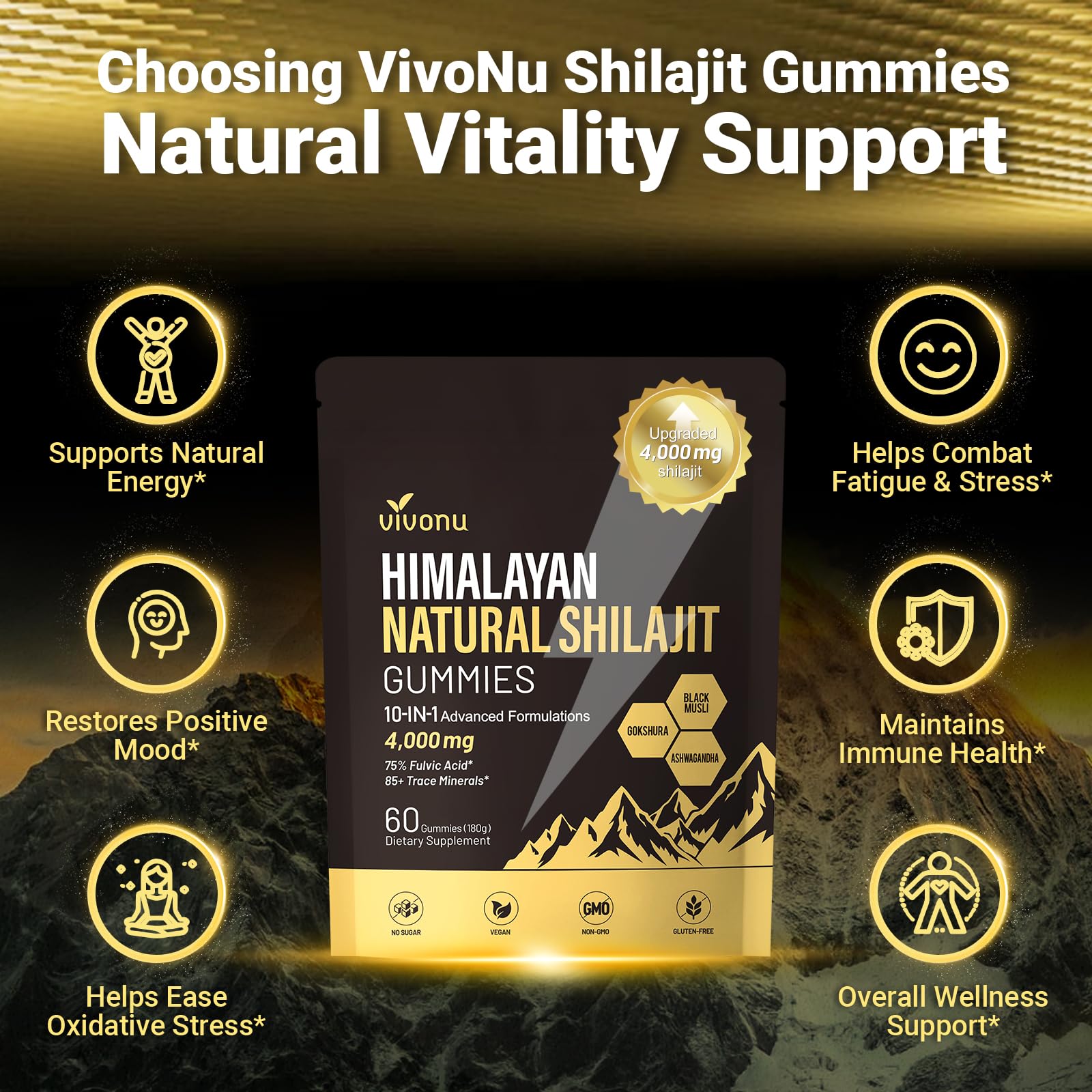 VivoNu Shilajit Gummies | 4000mg | mit Ashwagandha & Himalaya-Shilajit | 60 vegane Gummibärchen für Energieschub und Stärkung Vitalität | Ohne Zusätze (60 Stück)